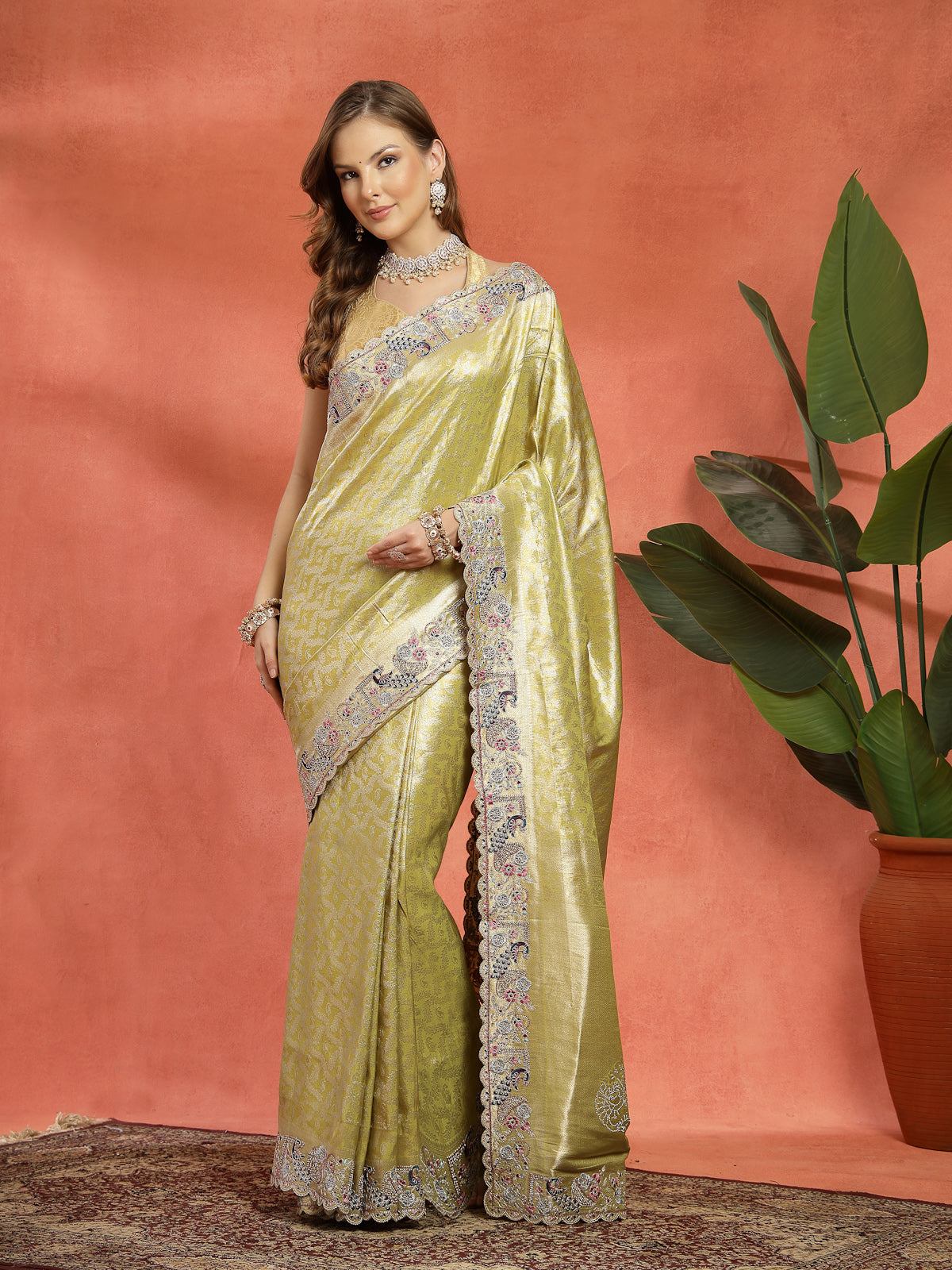 Olive Green Organza Embroidered Saree