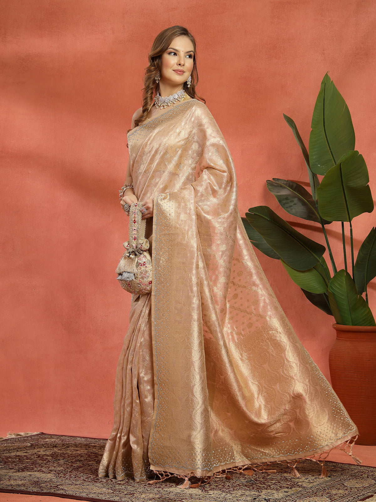 Blush Pink Handmade Zari Work Organza Saree