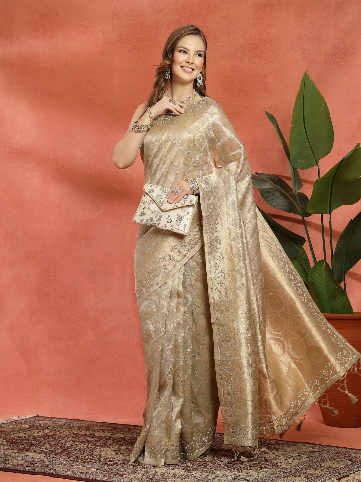 Champagne Cream Woven Satin Silk Saree