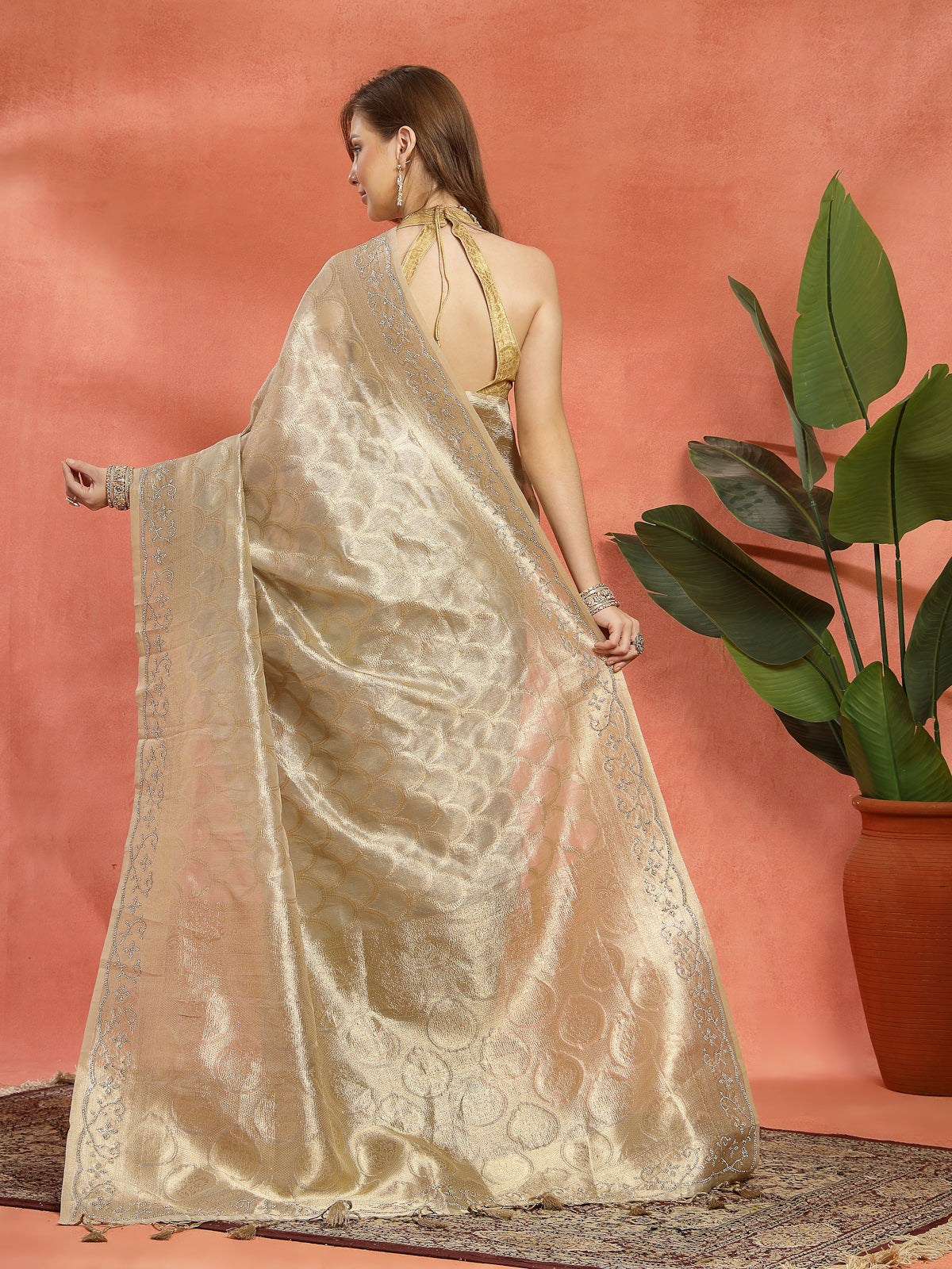 Champagne Cream Woven Satin Silk Saree
