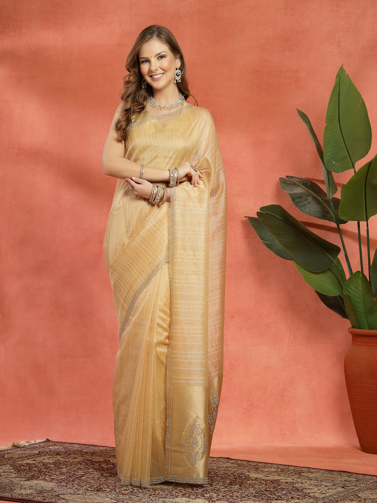 Champagne Beige Tissue Organza Designer Saree
