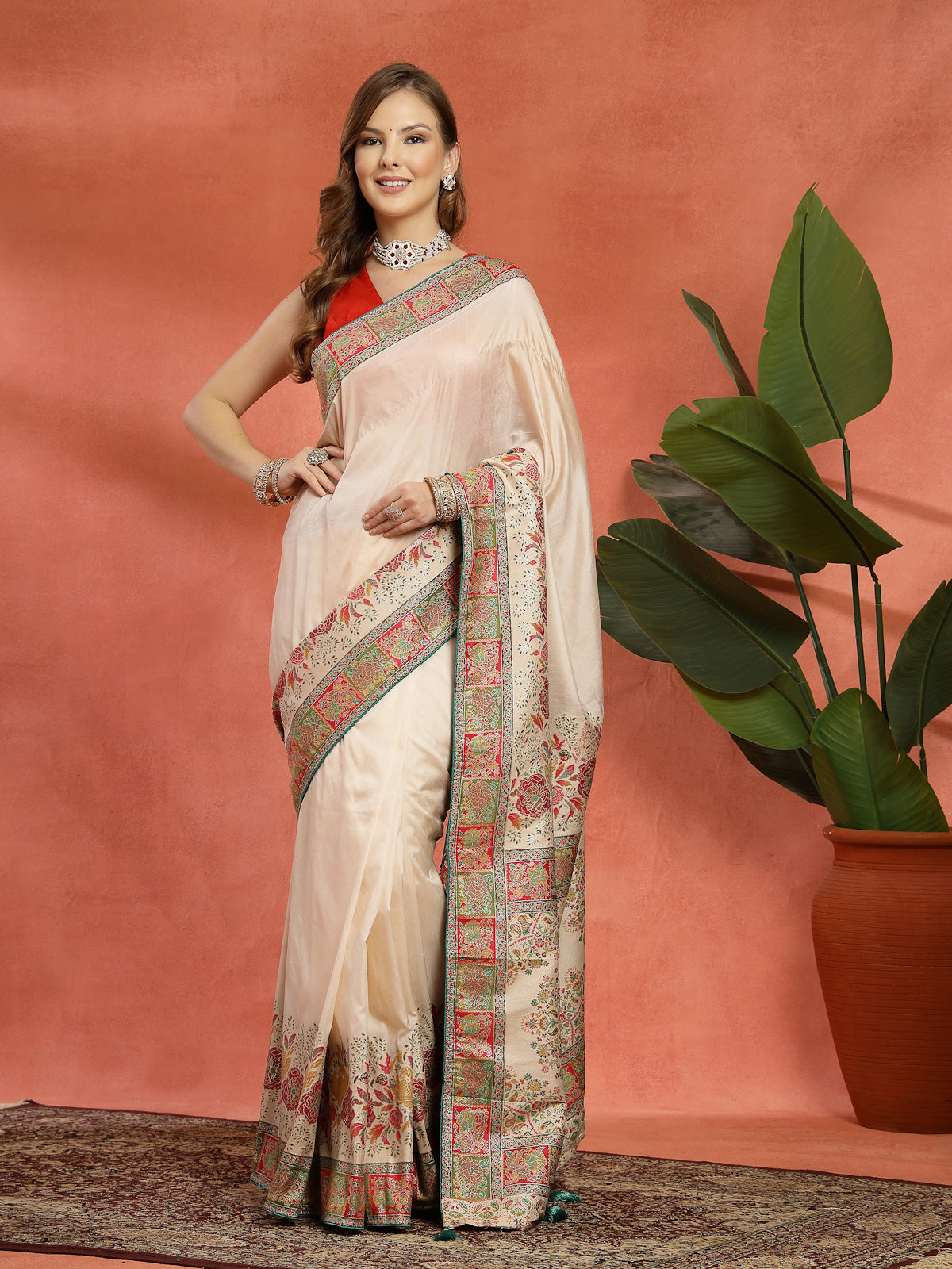 Ivory Handcrafted Satin Saree with Multicolor Embroidered Border