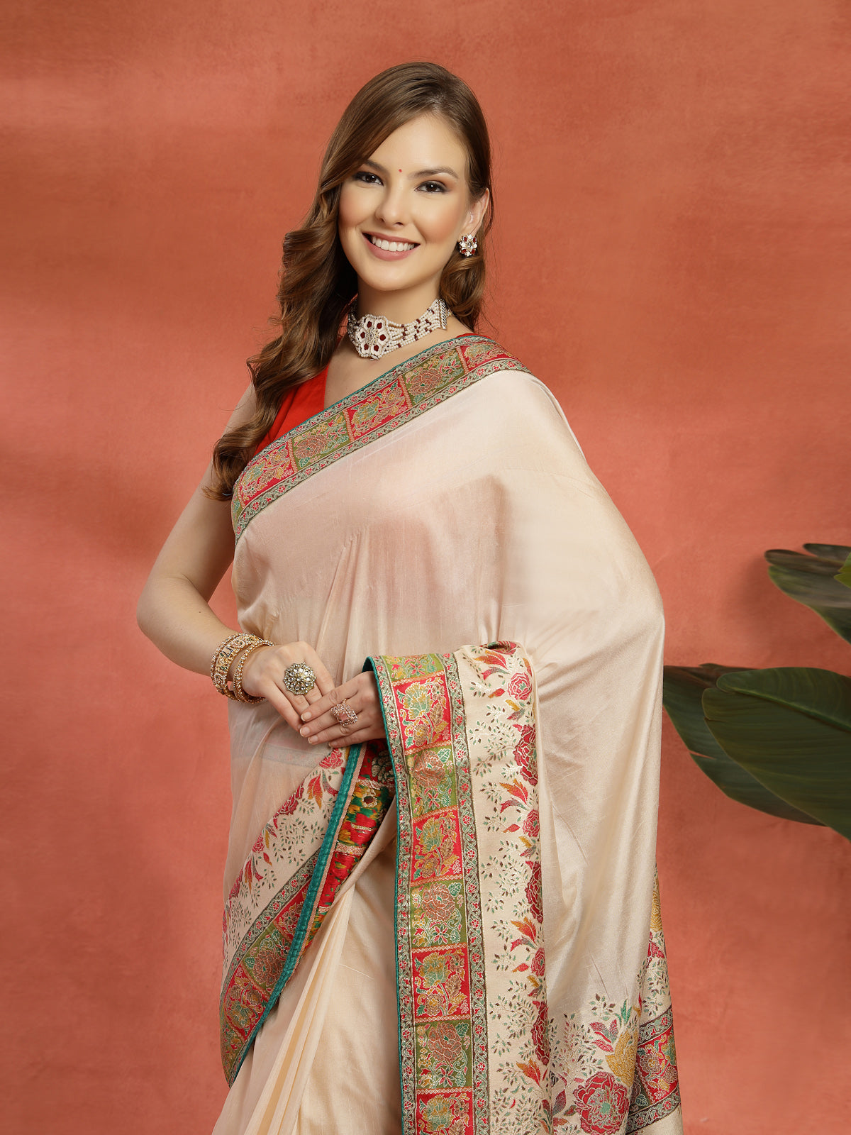 Ivory Handcrafted Satin Saree with Multicolor Embroidered Border