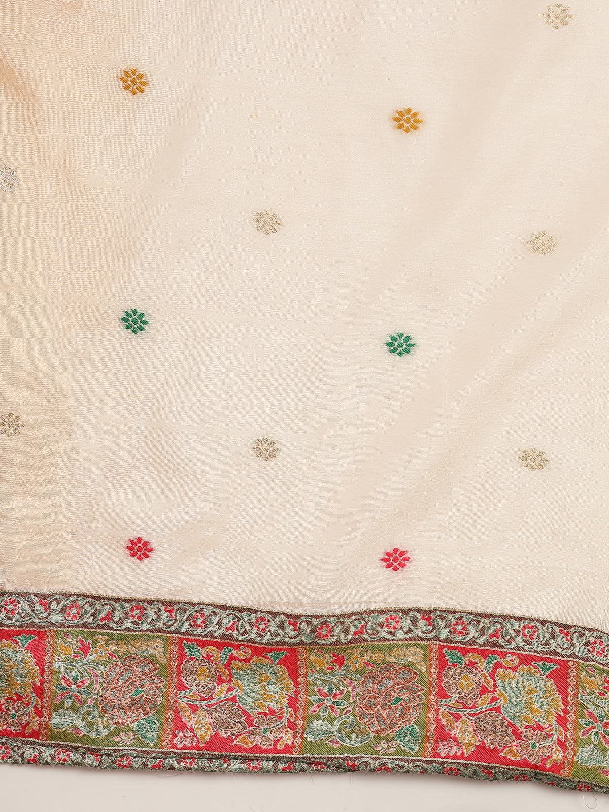 Ivory Handcrafted Satin Saree with Multicolor Embroidered Border