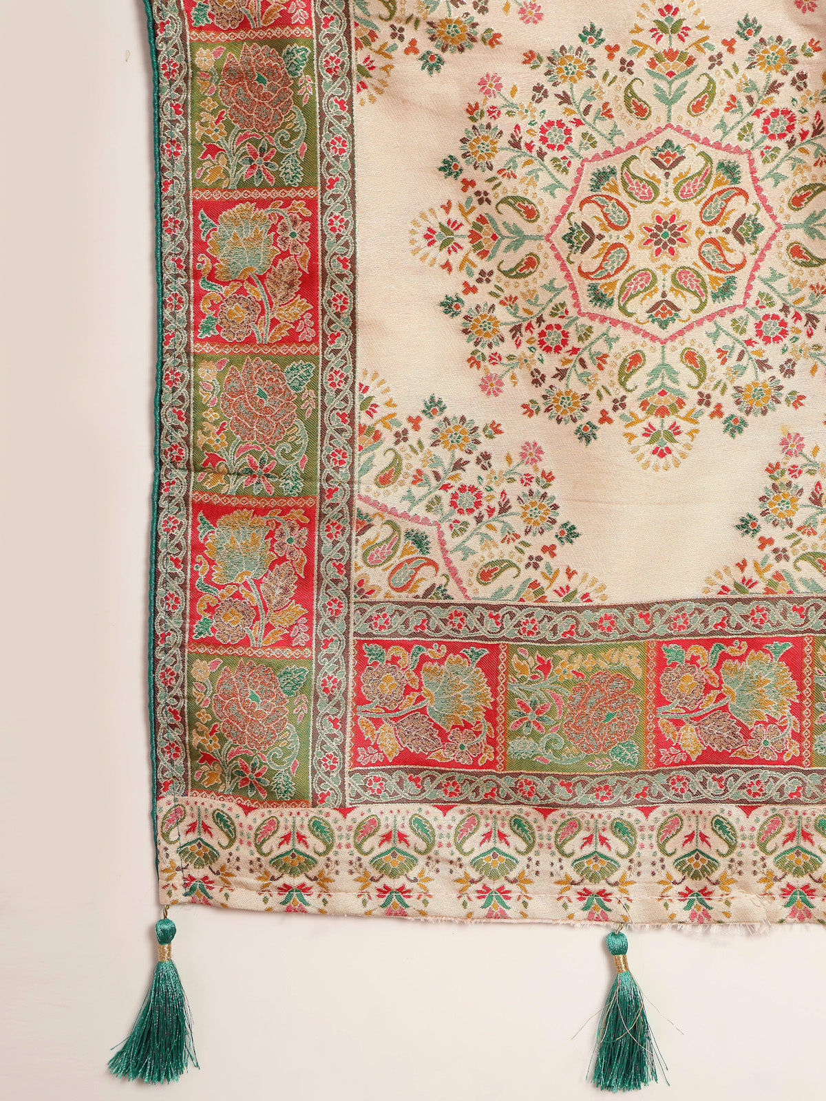 Ivory Handcrafted Satin Saree with Multicolor Embroidered Border