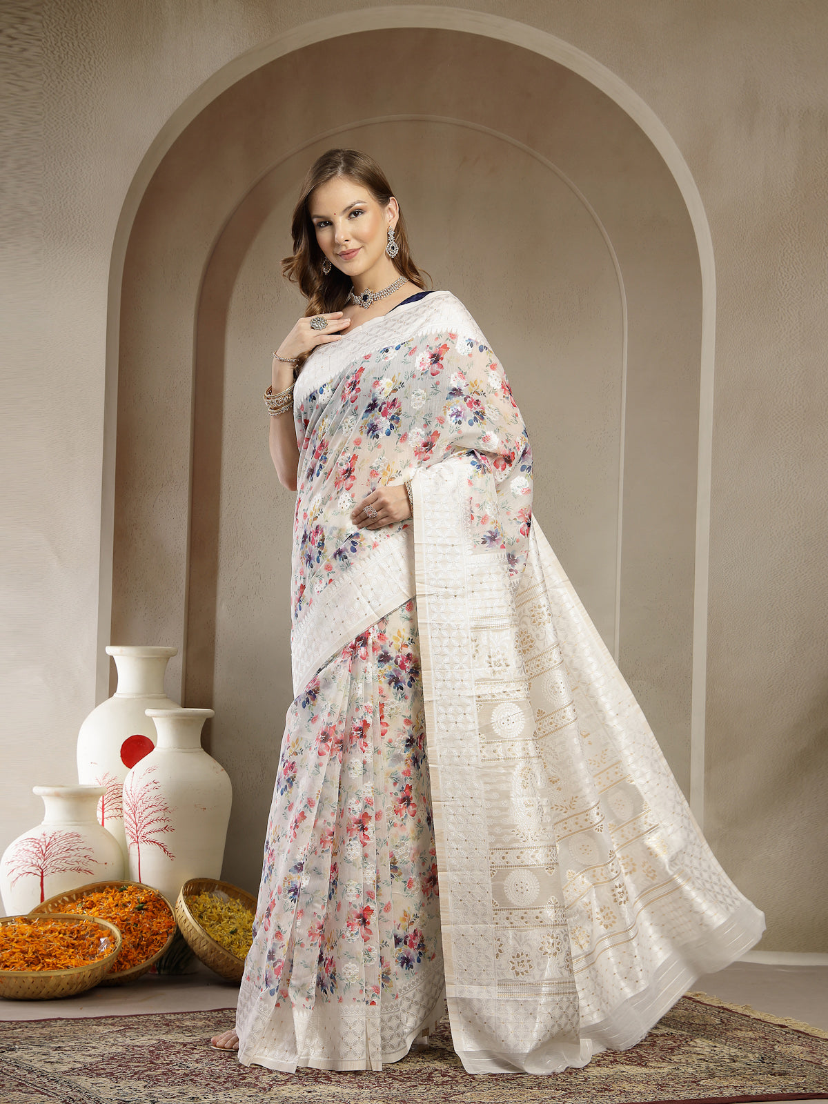 Off-White with Multicolor Floral Print Textured Border Organza Saree