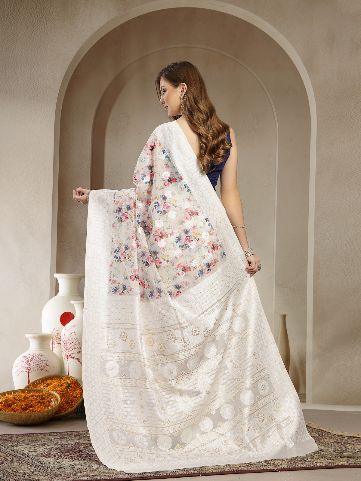 Off-White with Multicolor Floral Print Textured Border Organza Saree