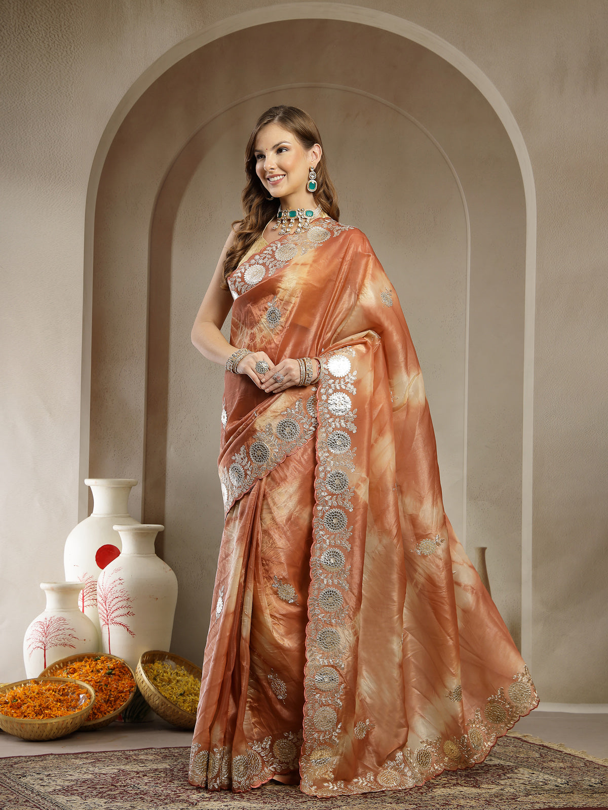 Rust Orange Organza Saree with Gold Silver Work and Designer Border