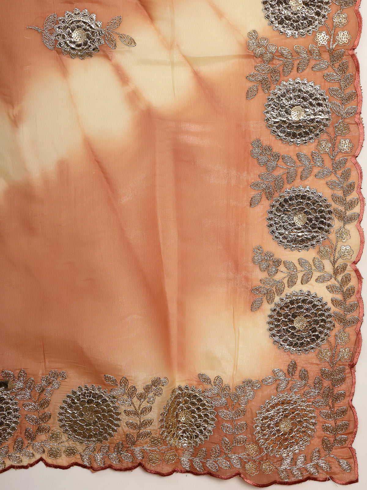 Rust Orange Organza Saree with Gold Silver Work and Designer Border