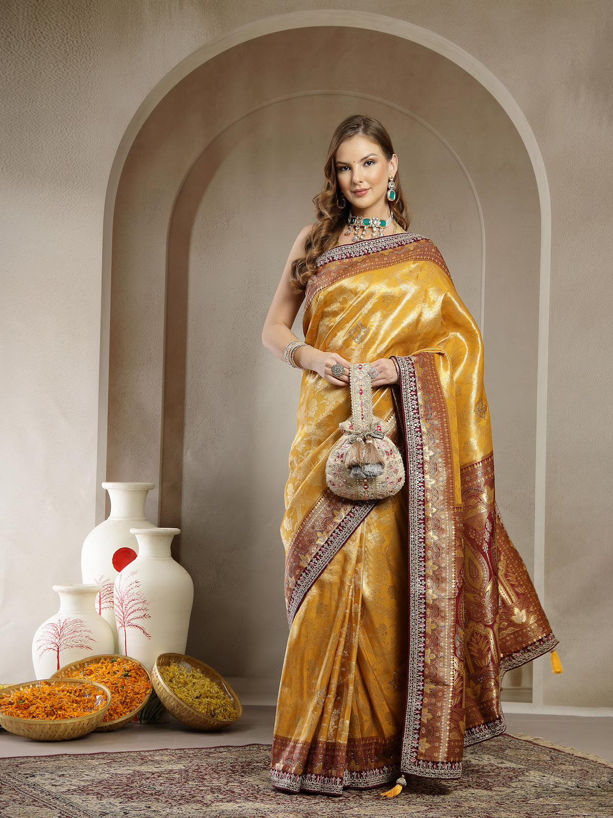 Mustard Golden Satin Saree Heavy Maroon Embroidered Border