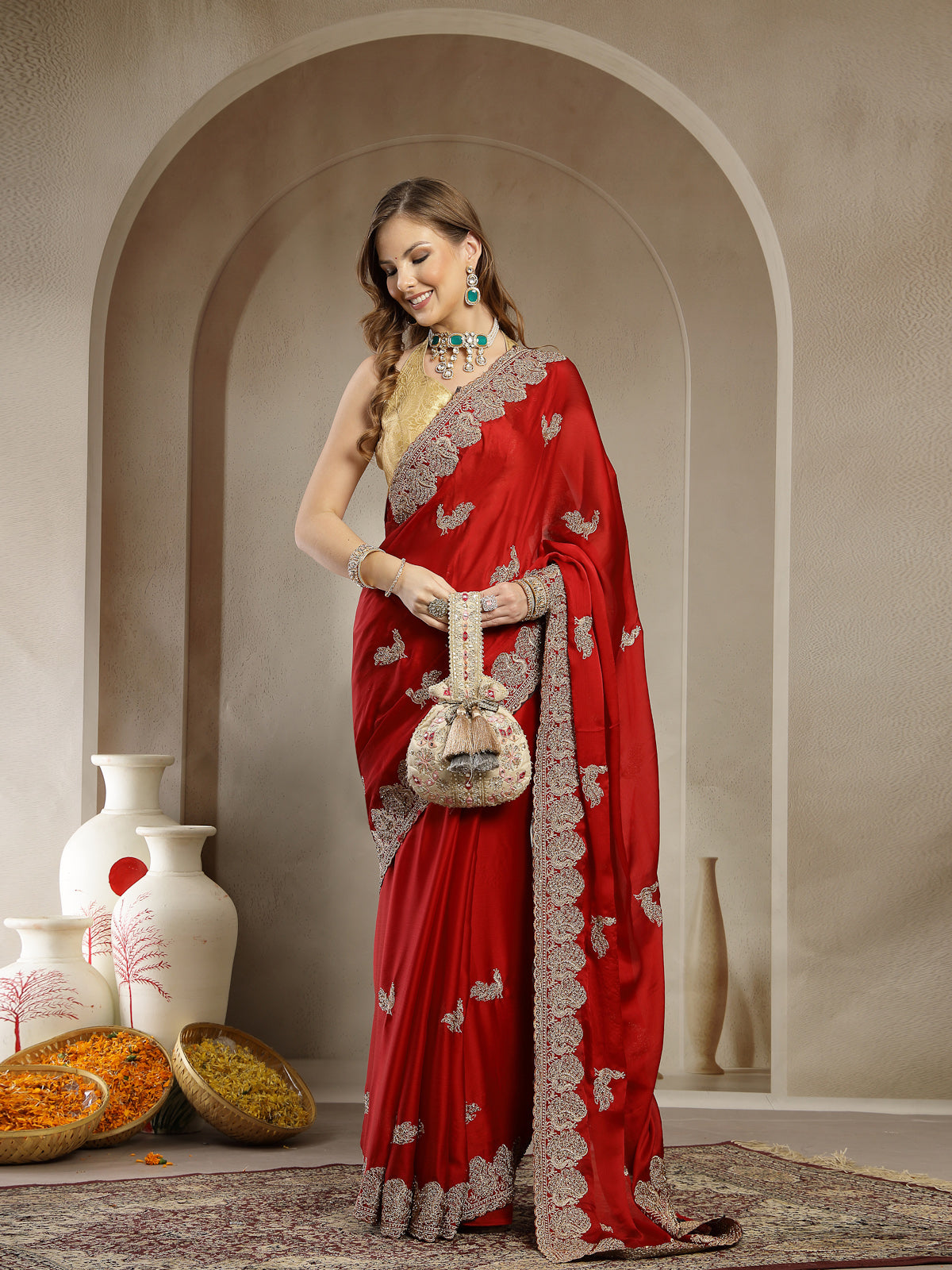 Crimson Red Organza Saree with Elegant Silver Embroidered Border