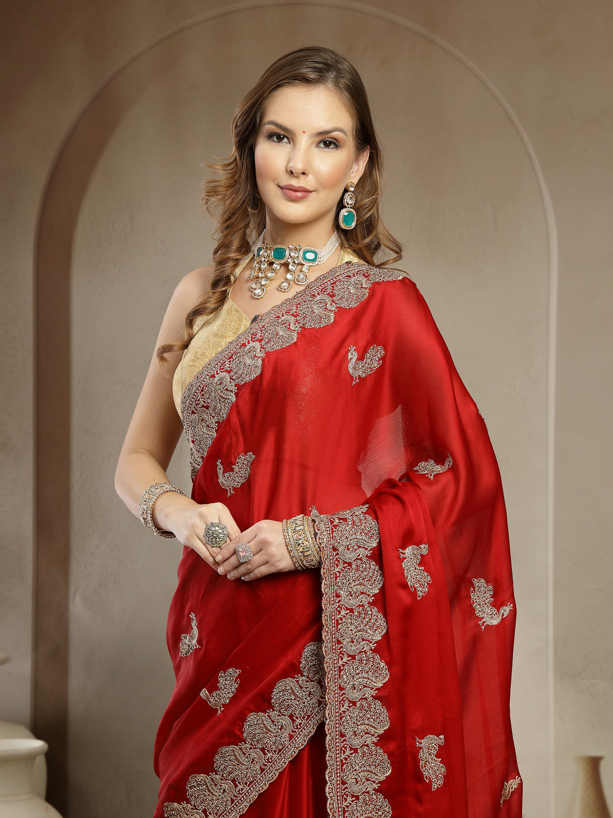 Crimson Red Organza Saree with Elegant Silver Embroidered Border