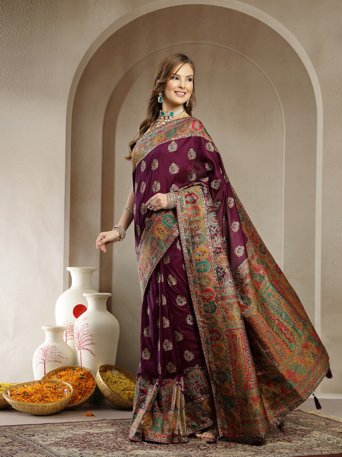 Deep Wine with Multicolor Satin Saree