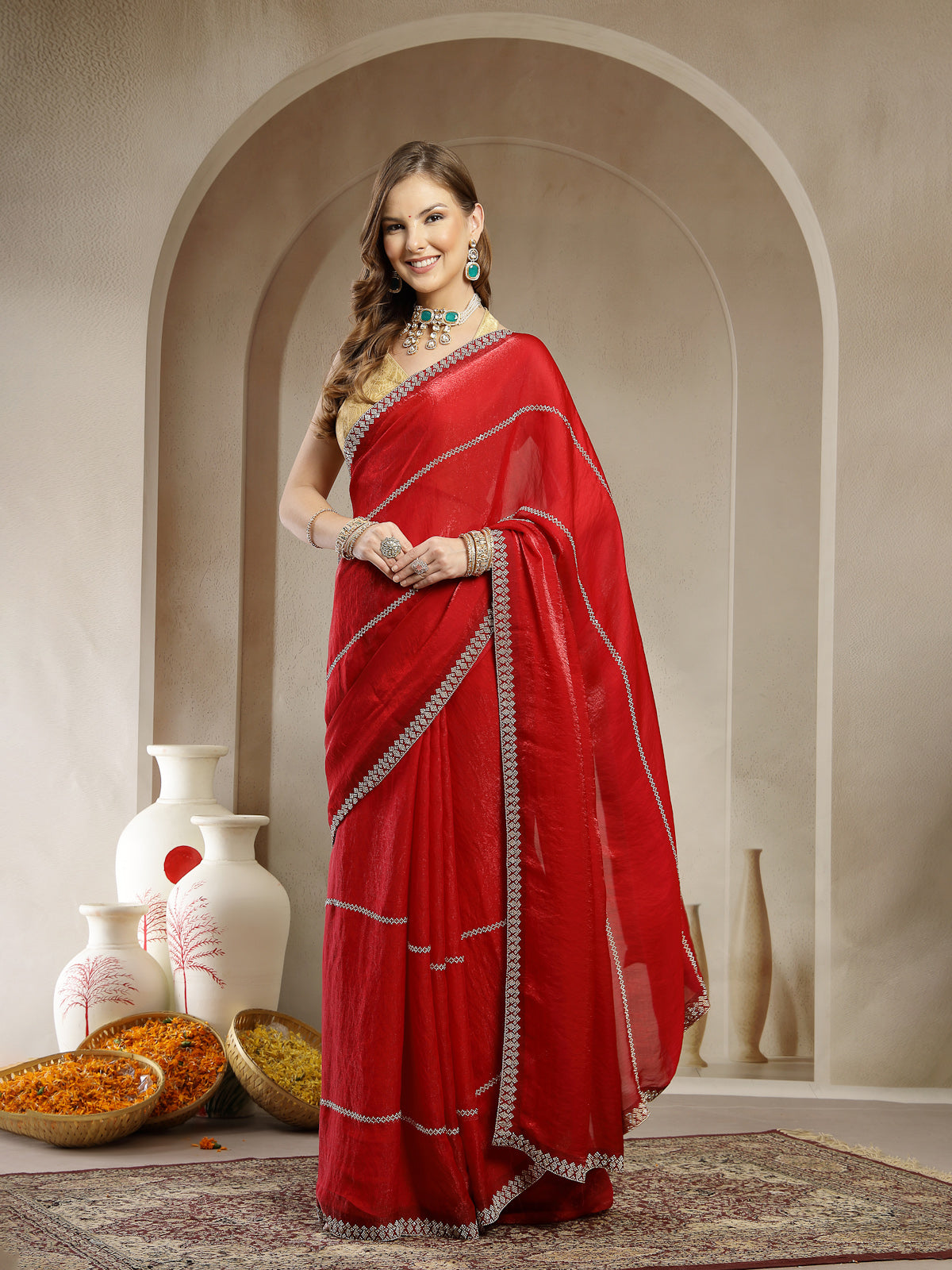 Red Designer Satin Saree