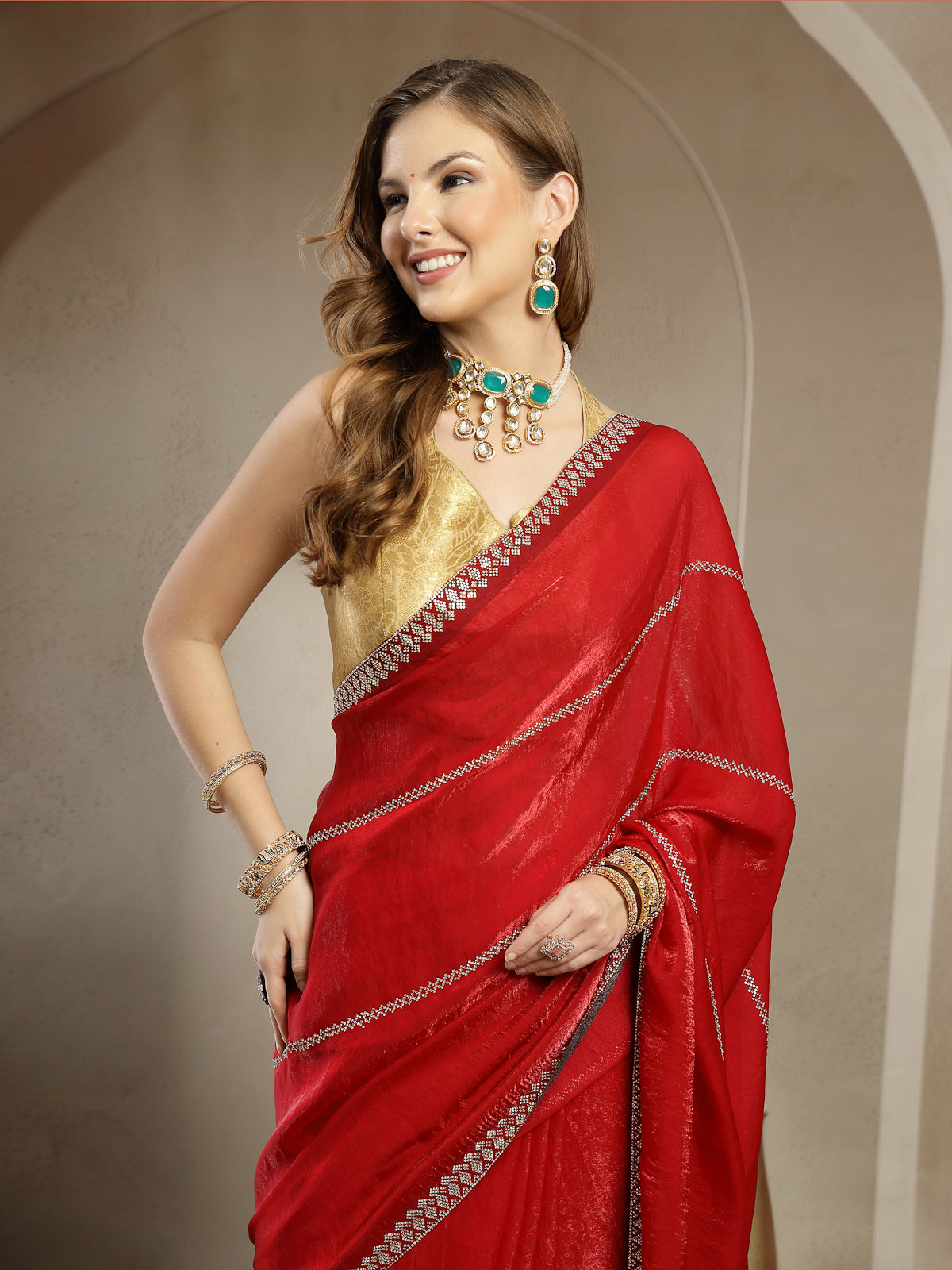 Red Designer Satin Saree