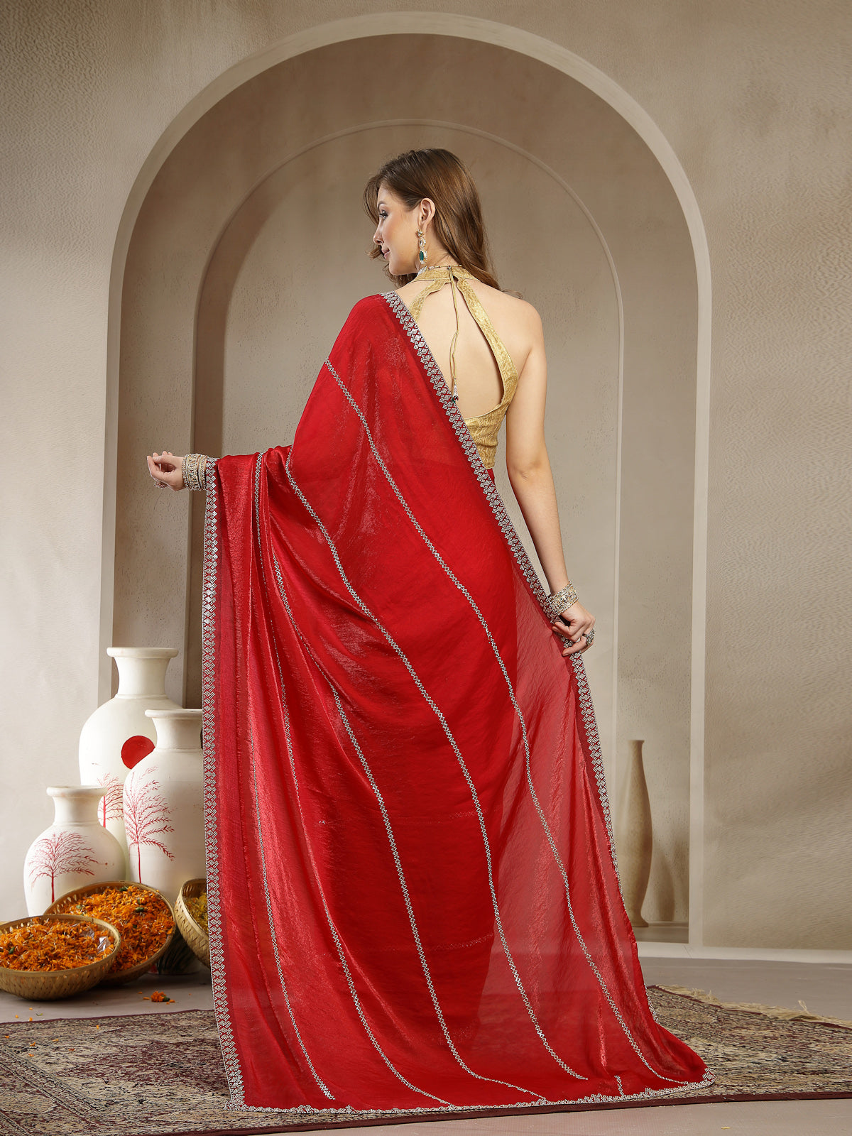 Red Designer Satin Saree