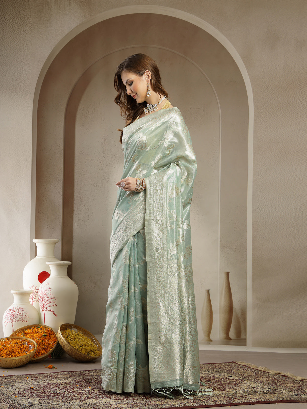 Mint Green Handwoven Satin Silk Saree