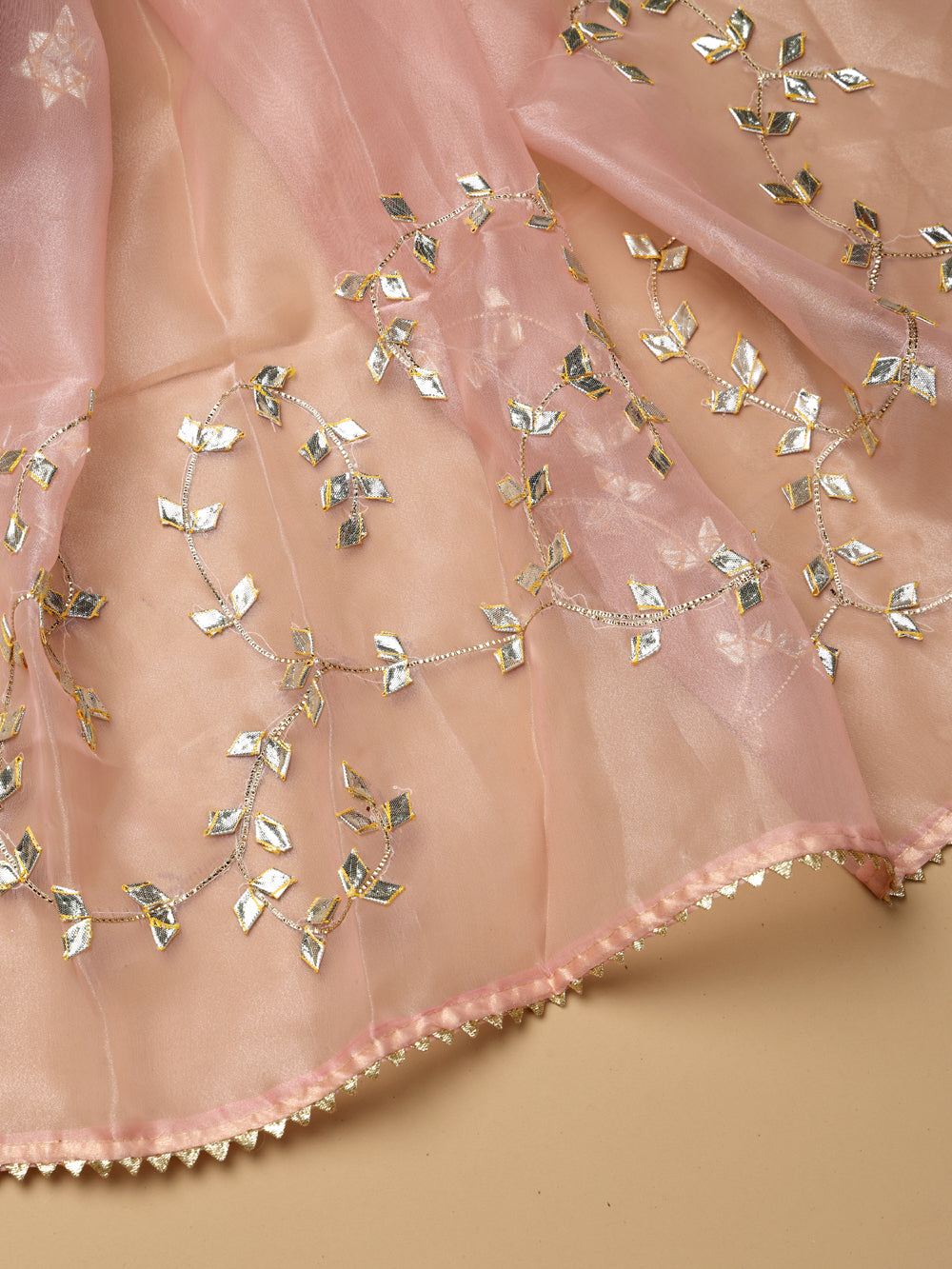 Light Pink Unstitched Suit with Handcrafted Heavy Gota Patti and Pearl Work