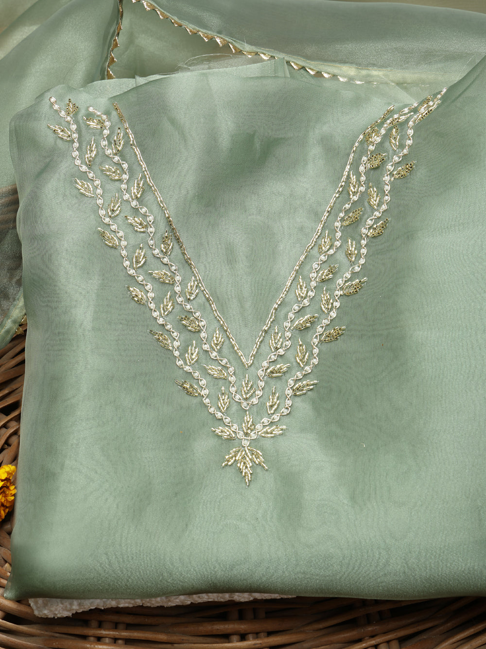 Soft Sage Green Unstitched Suit with Handcrafted Heavy Gota Patti and Pearl Work