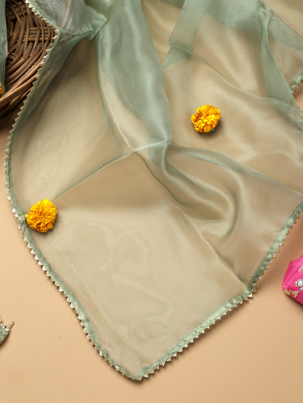 Soft Sage Green Unstitched Suit with Handcrafted Heavy Gota Patti and Pearl Work