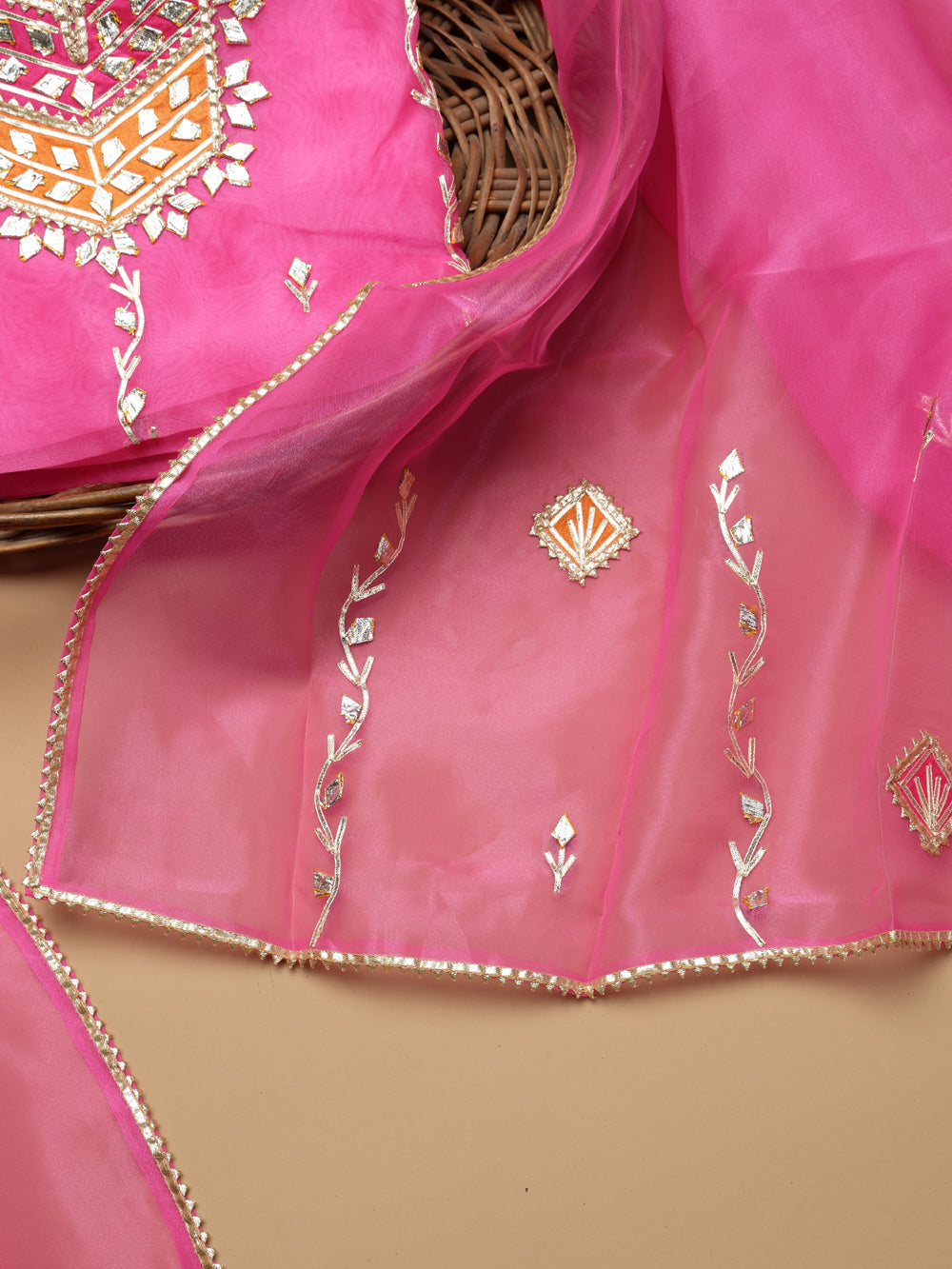 Bright Rose Pink Unstitched Organza Tissue Suit Set with Gota Patti & Pearl Handwork