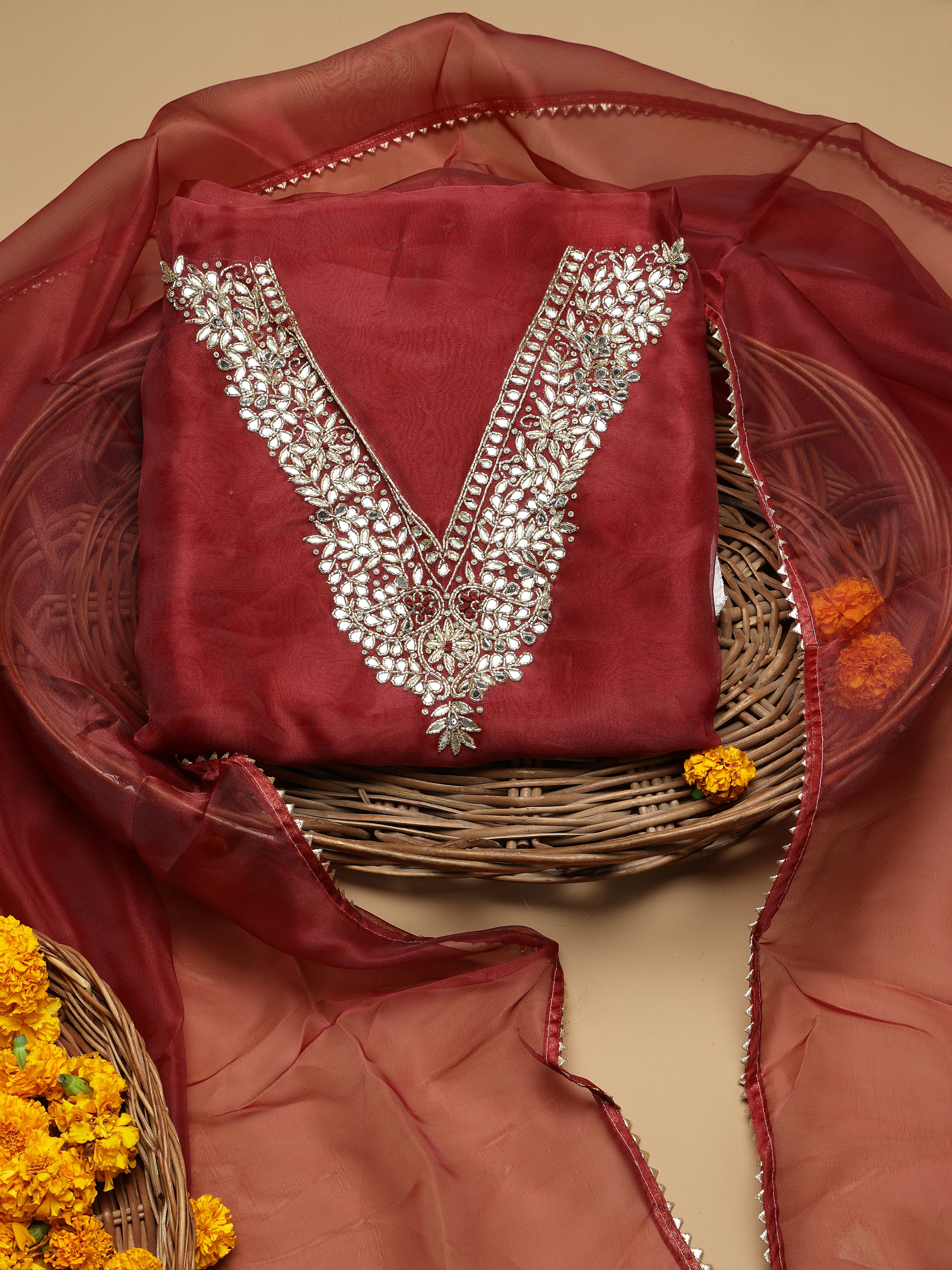 Deep Maroon / Wine Red Unstitched Organza Tissue Suit Set with Gota Patti & Pearl Handwork