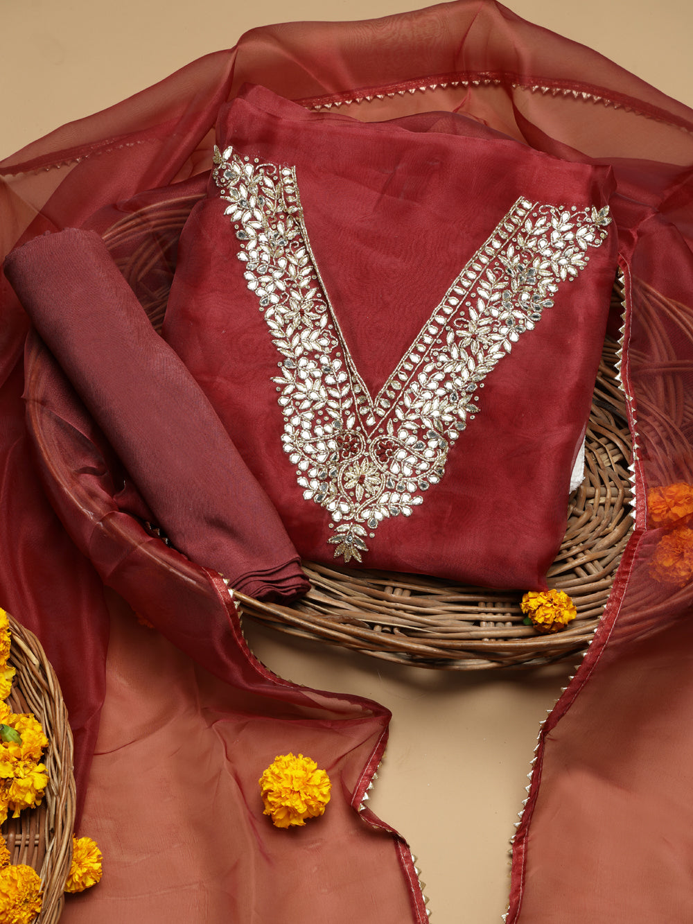 Deep Maroon / Wine Red Unstitched Organza Tissue Suit Set with Gota Patti & Pearl Handwork