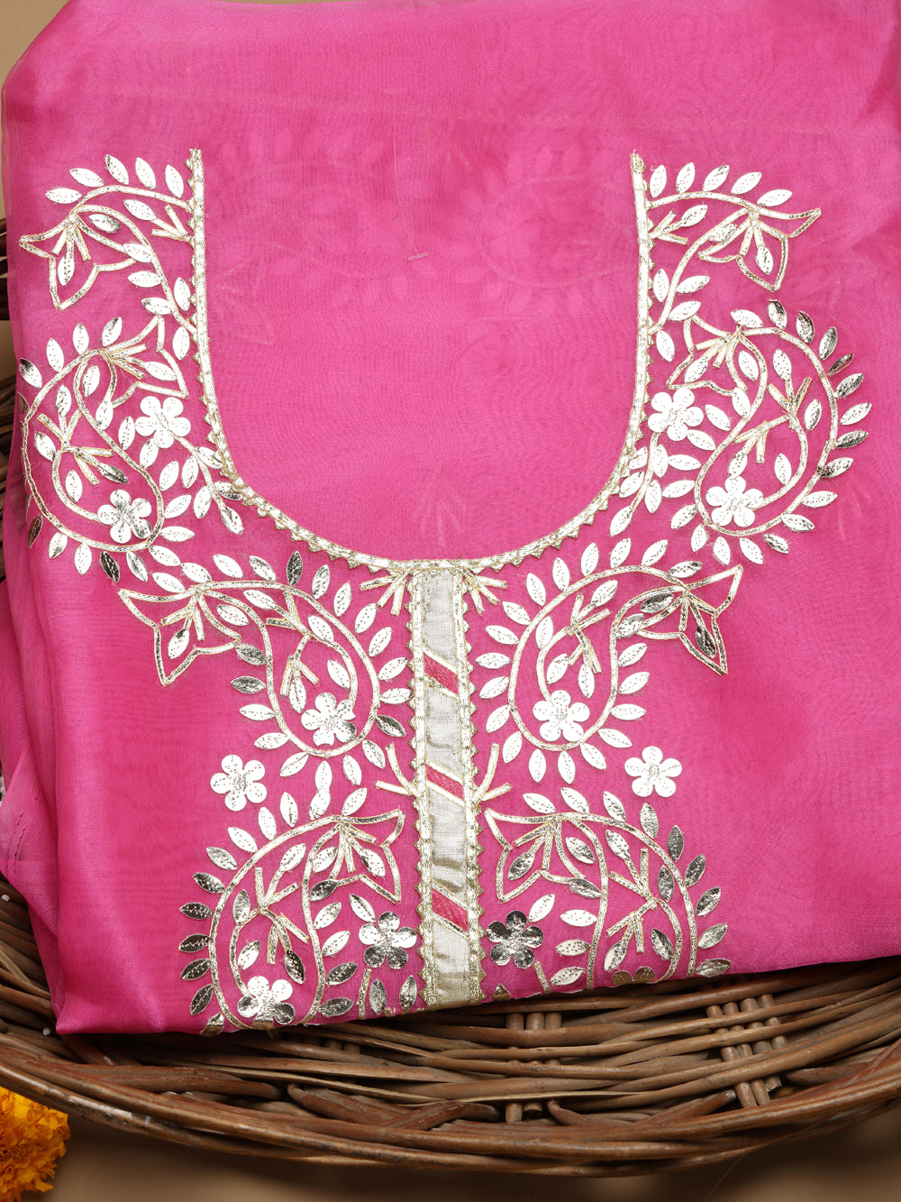 Classic Rani Pink Unstitched Organza Tissue Suit Set with Gota Patti & Pearl Handwork