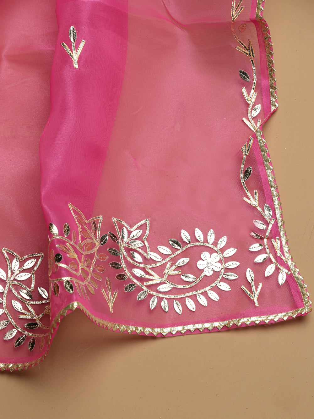Classic Rani Pink Unstitched Organza Tissue Suit Set with Gota Patti & Pearl Handwork