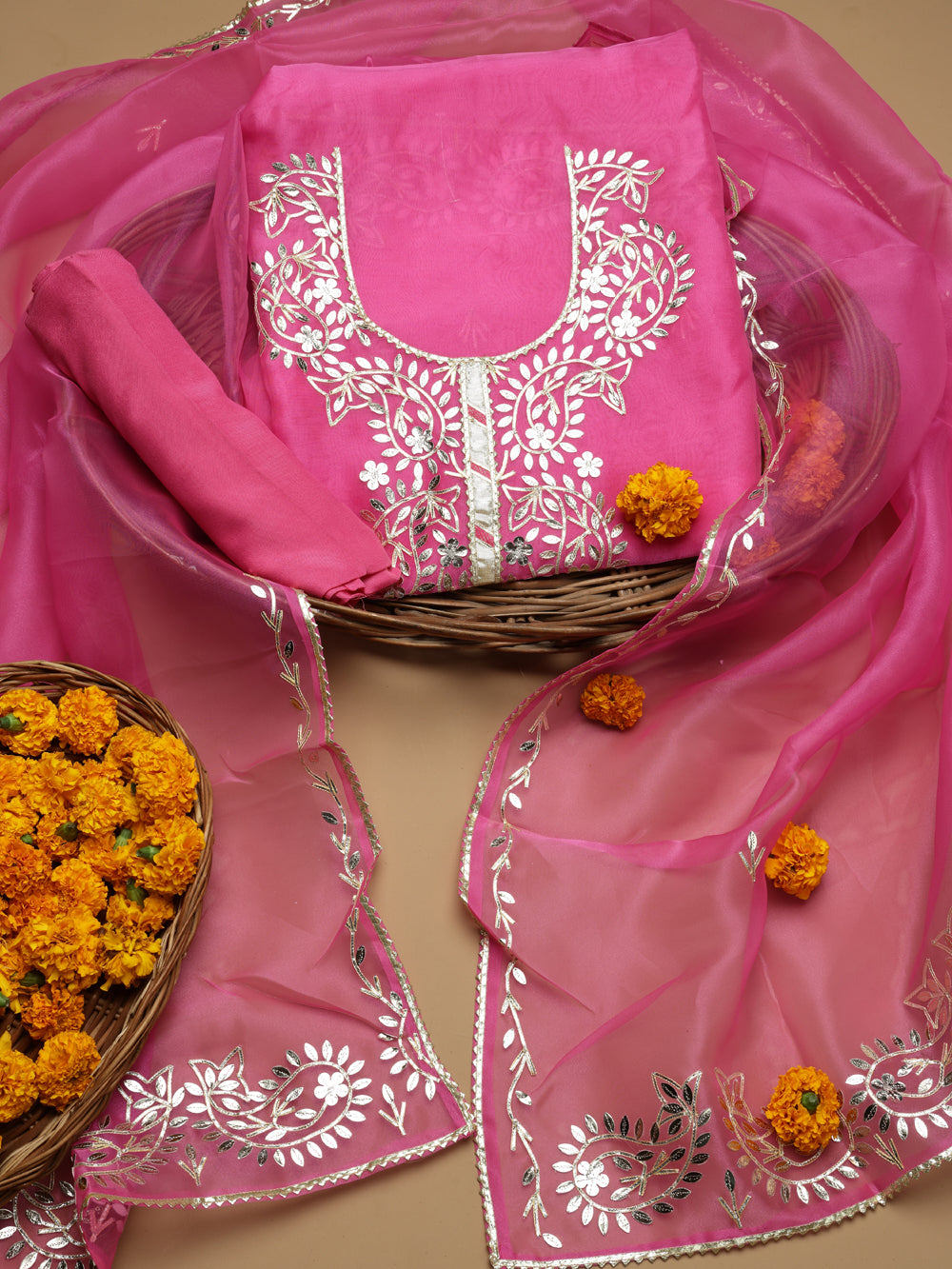 Classic Rani Pink Unstitched Organza Tissue Suit Set with Gota Patti & Pearl Handwork