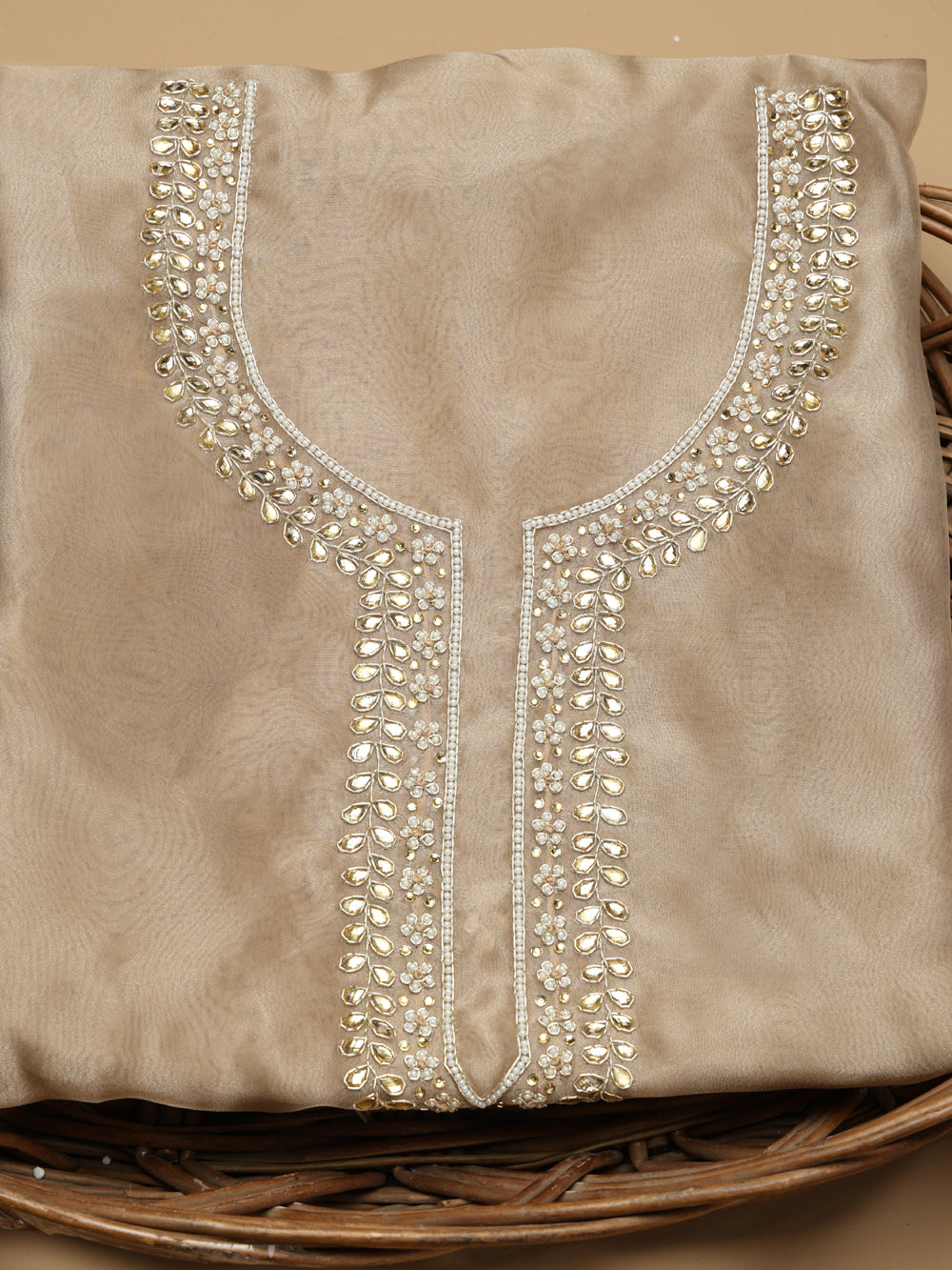 Champagne Beige Unstitched Organza Tissue Suit Set with Gota Patti & Pearl Handwork