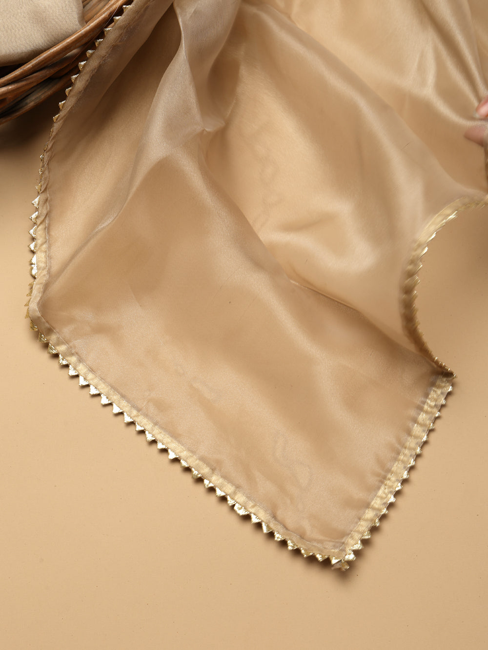 Champagne Beige Unstitched Organza Tissue Suit Set with Gota Patti & Pearl Handwork