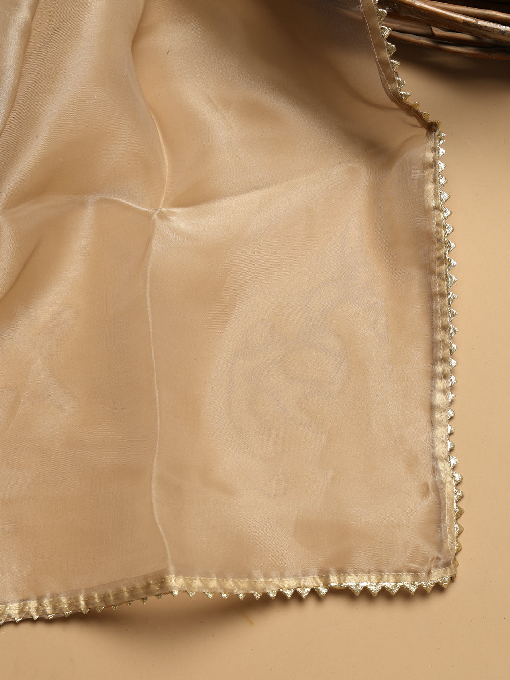 Champagne Beige Unstitched Organza Tissue Suit Set with Gota Patti & Pearl Handwork