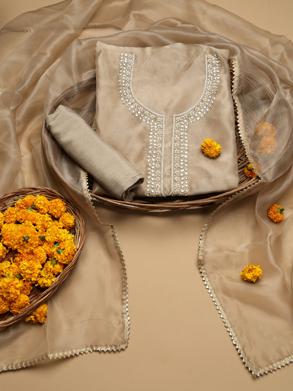 Champagne Beige Unstitched Organza Tissue Suit Set with Gota Patti & Pearl Handwork