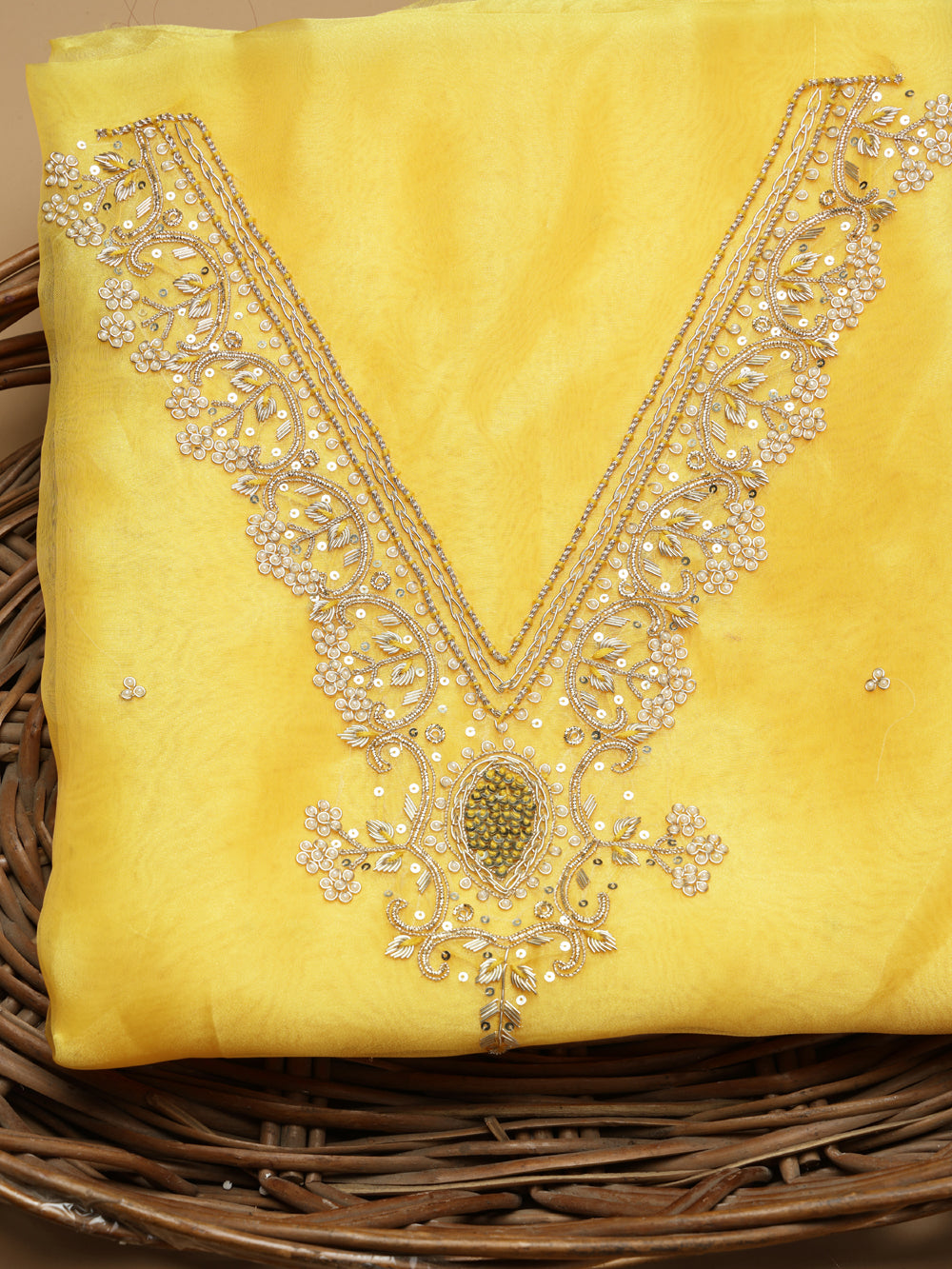 Sunny Mustard Yellow Unstitched Organza Tissue Suit Set with Gota Patti & Pearl Handwork