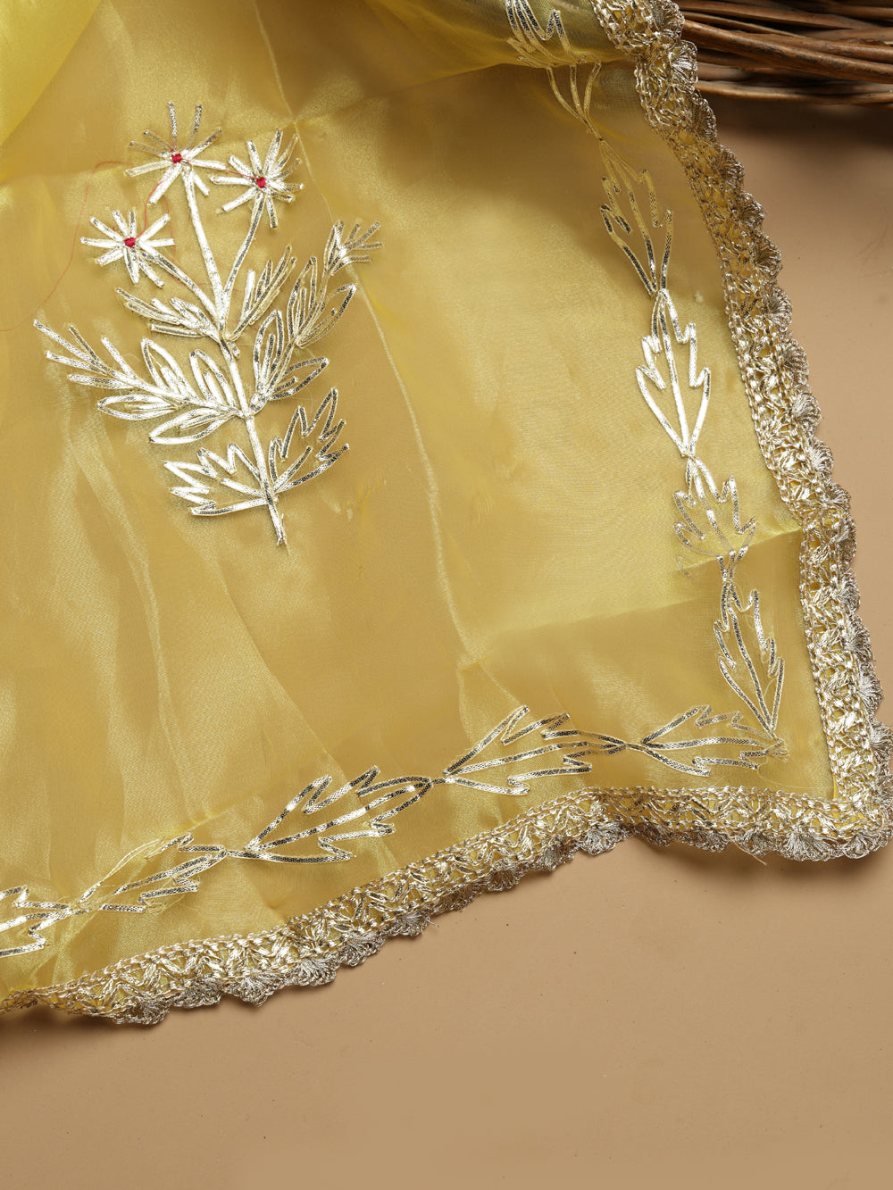 Sunny Mustard Yellow Unstitched Organza Tissue Suit Set with Gota Patti & Pearl Handwork