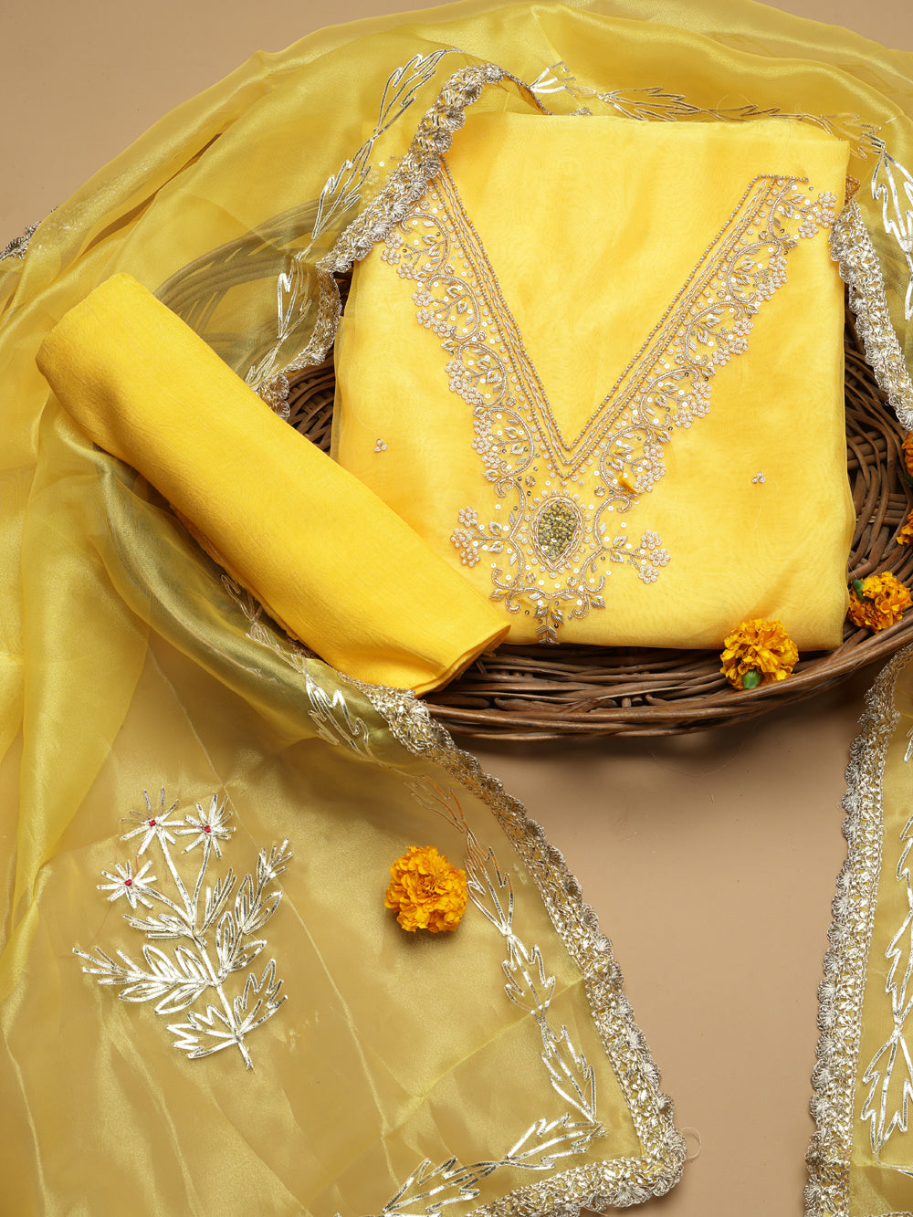Sunny Mustard Yellow Unstitched Organza Tissue Suit Set with Gota Patti & Pearl Handwork