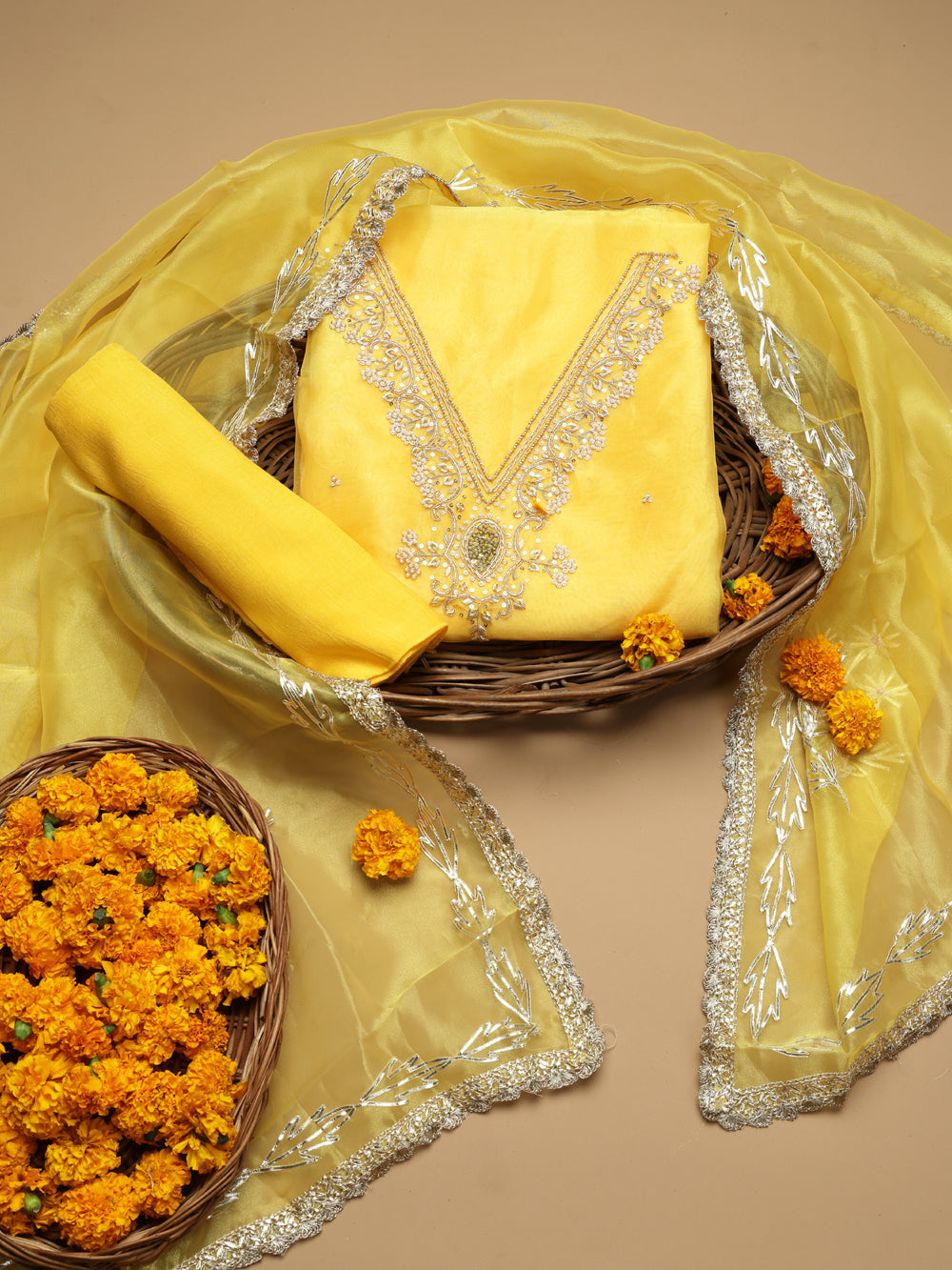 Sunny Mustard Yellow Unstitched Organza Tissue Suit Set with Gota Patti & Pearl Handwork
