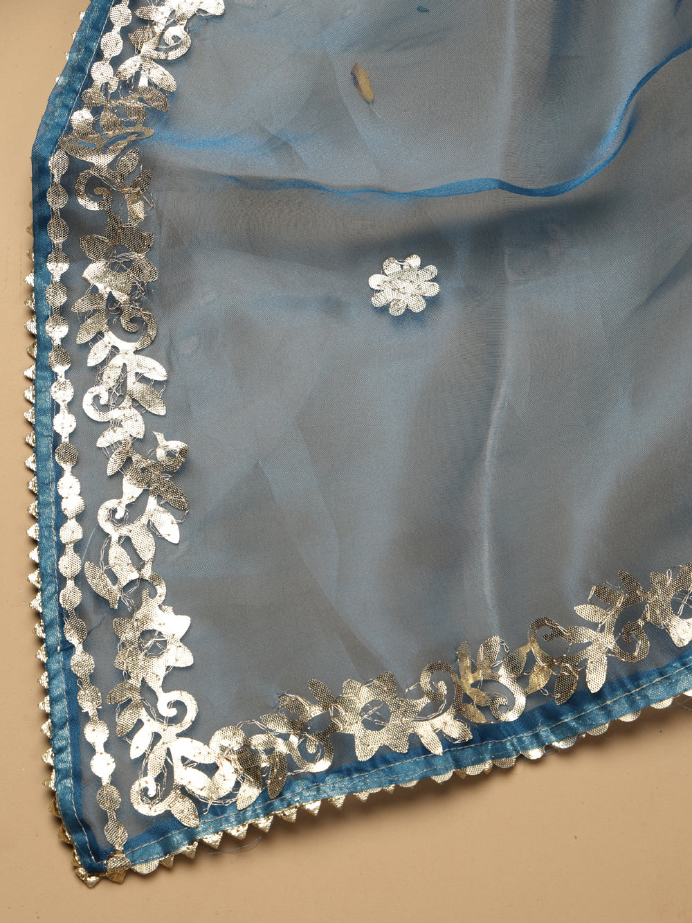 Deep Teal Blue Unstitched Organza Tissue Suit Set with Gota Patti & Pearl Handwork