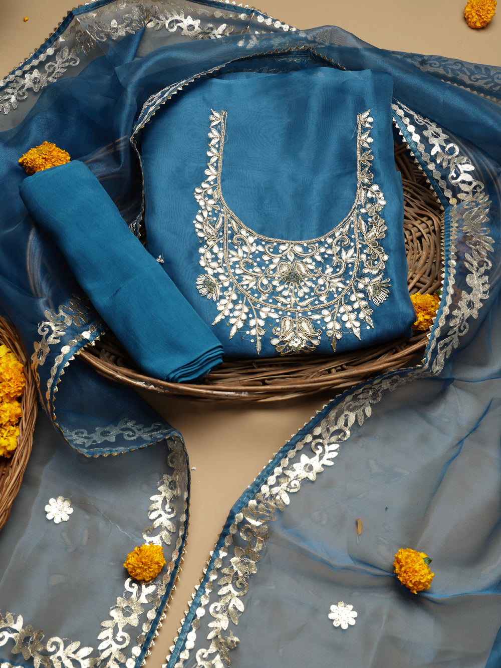 Deep Teal Blue Unstitched Organza Tissue Suit Set with Gota Patti & Pearl Handwork