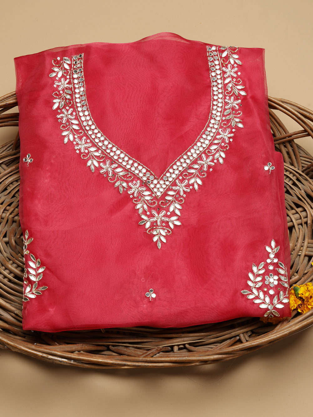 Rich Ruby Red Unstitched Organza Tissue Suit Set with Gota Patti & Pearl Handwork