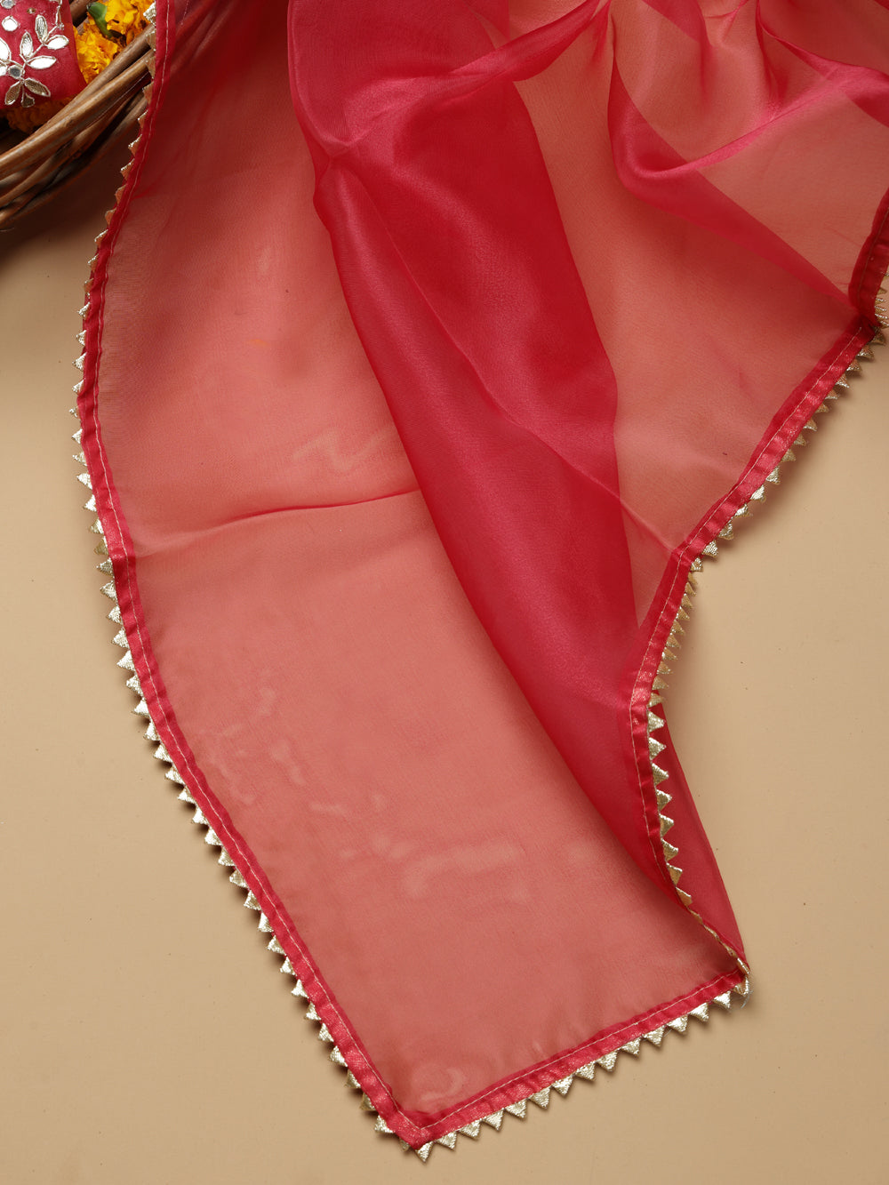 Rich Ruby Red Unstitched Organza Tissue Suit Set with Gota Patti & Pearl Handwork