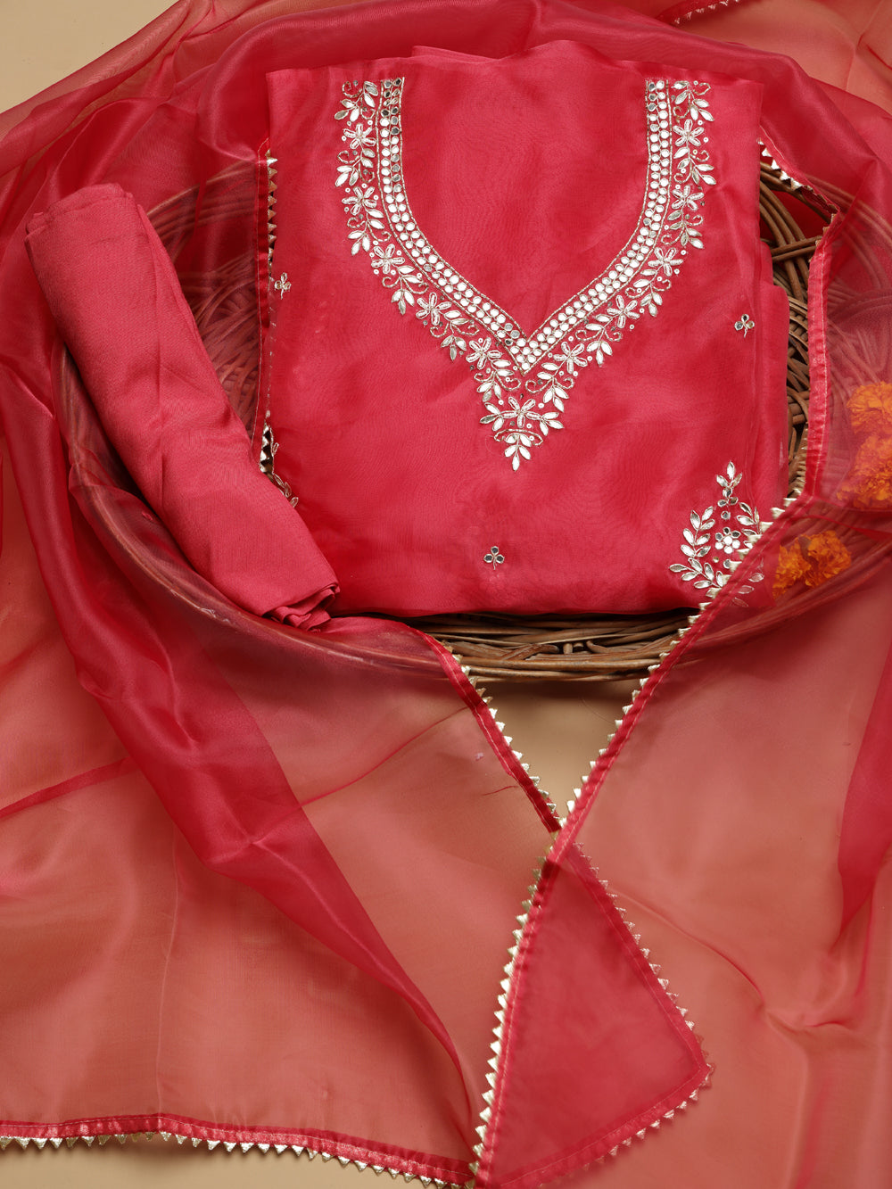 Rich Ruby Red Unstitched Organza Tissue Suit Set with Gota Patti & Pearl Handwork