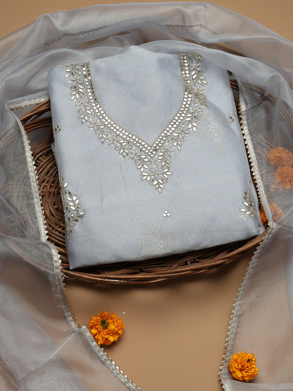 Soft Dove Grey Unstitched Organza Tissue Suit Set with Gota Patti & Pearl Handwork