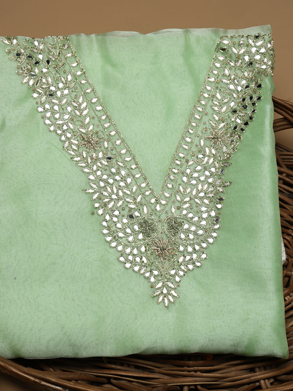 Mint Green Unstitched Organza Tissue Suit Set with Gota Patti & Pearl Handwork