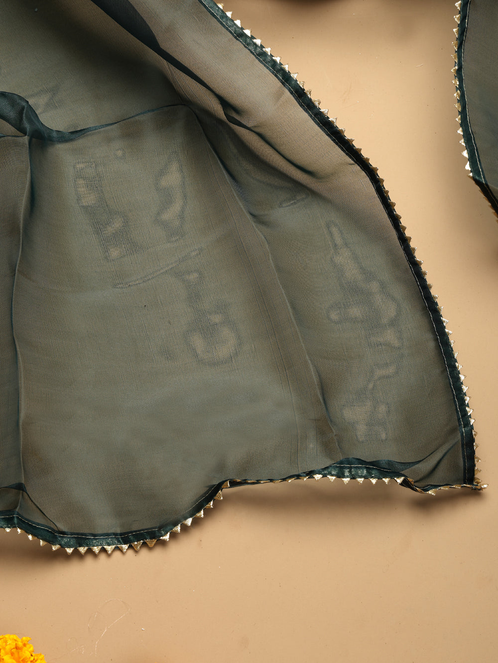 Deep Bottle Green Unstitched Organza Tissue Suit Set with Gota Patti & Pearl Handwork