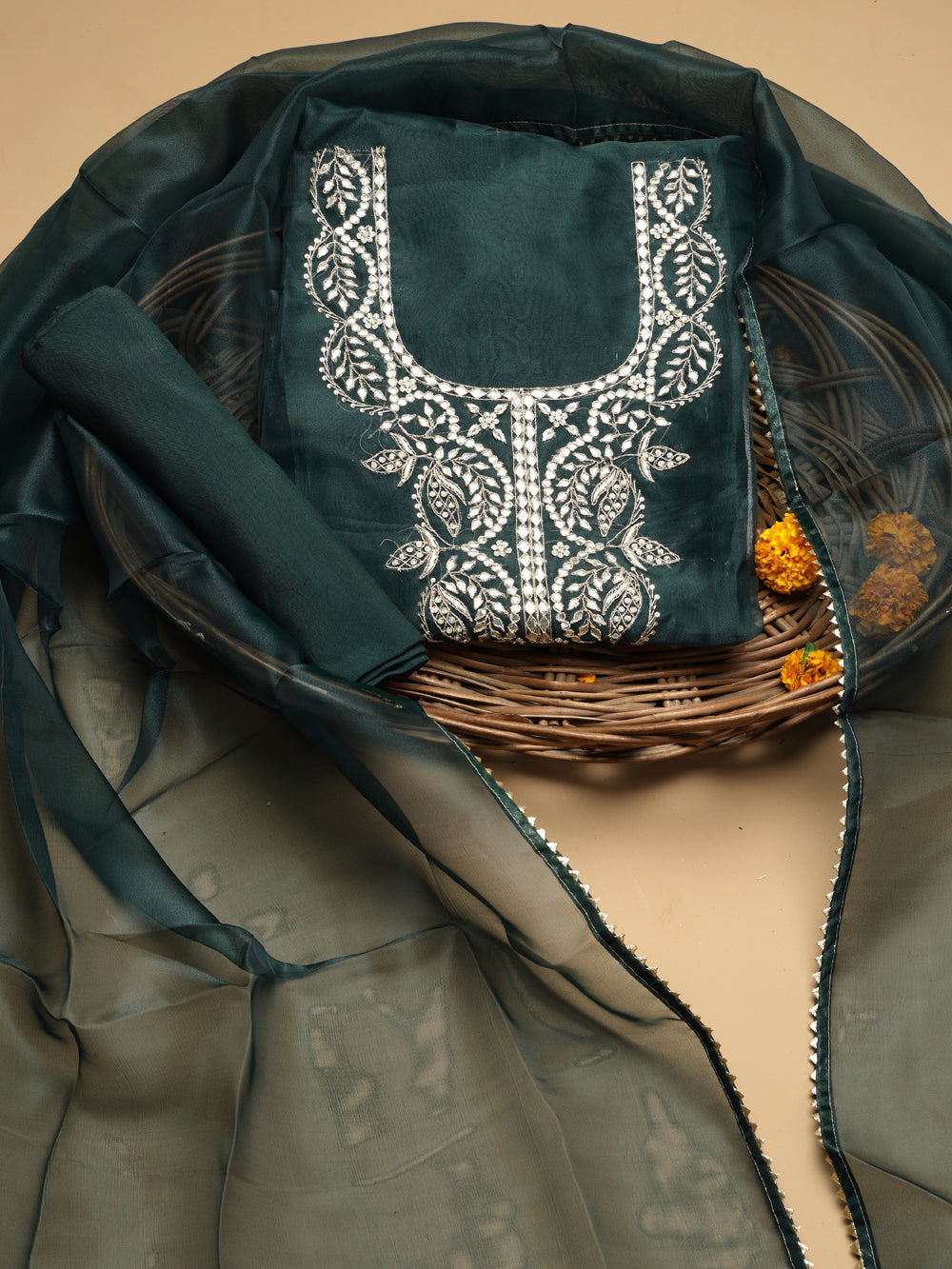 Deep Bottle Green Unstitched Organza Tissue Suit Set with Gota Patti & Pearl Handwork