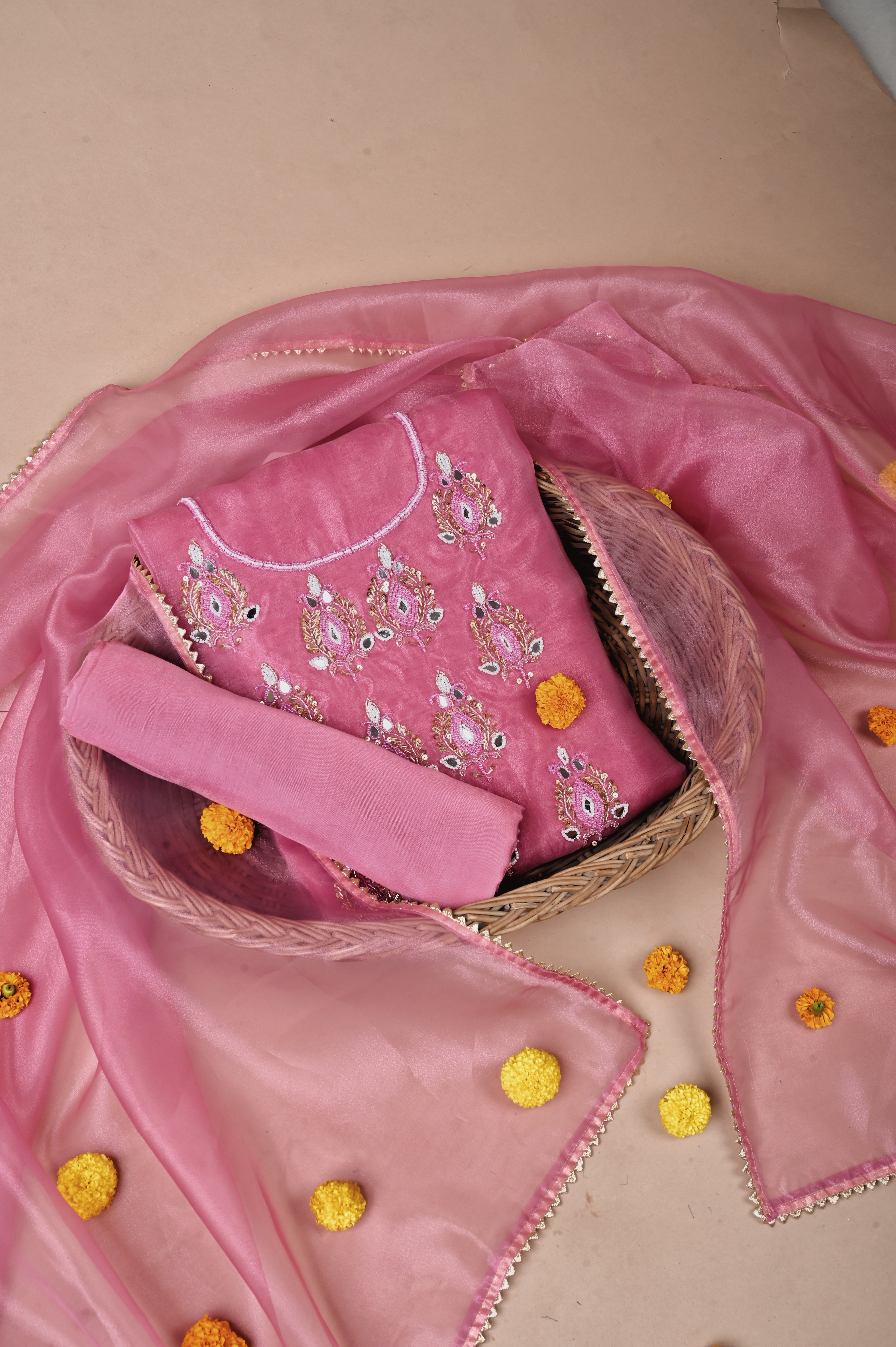 Rouge Pink Royal Radiance Unstitched Suit Set in Organza Tissue Silk