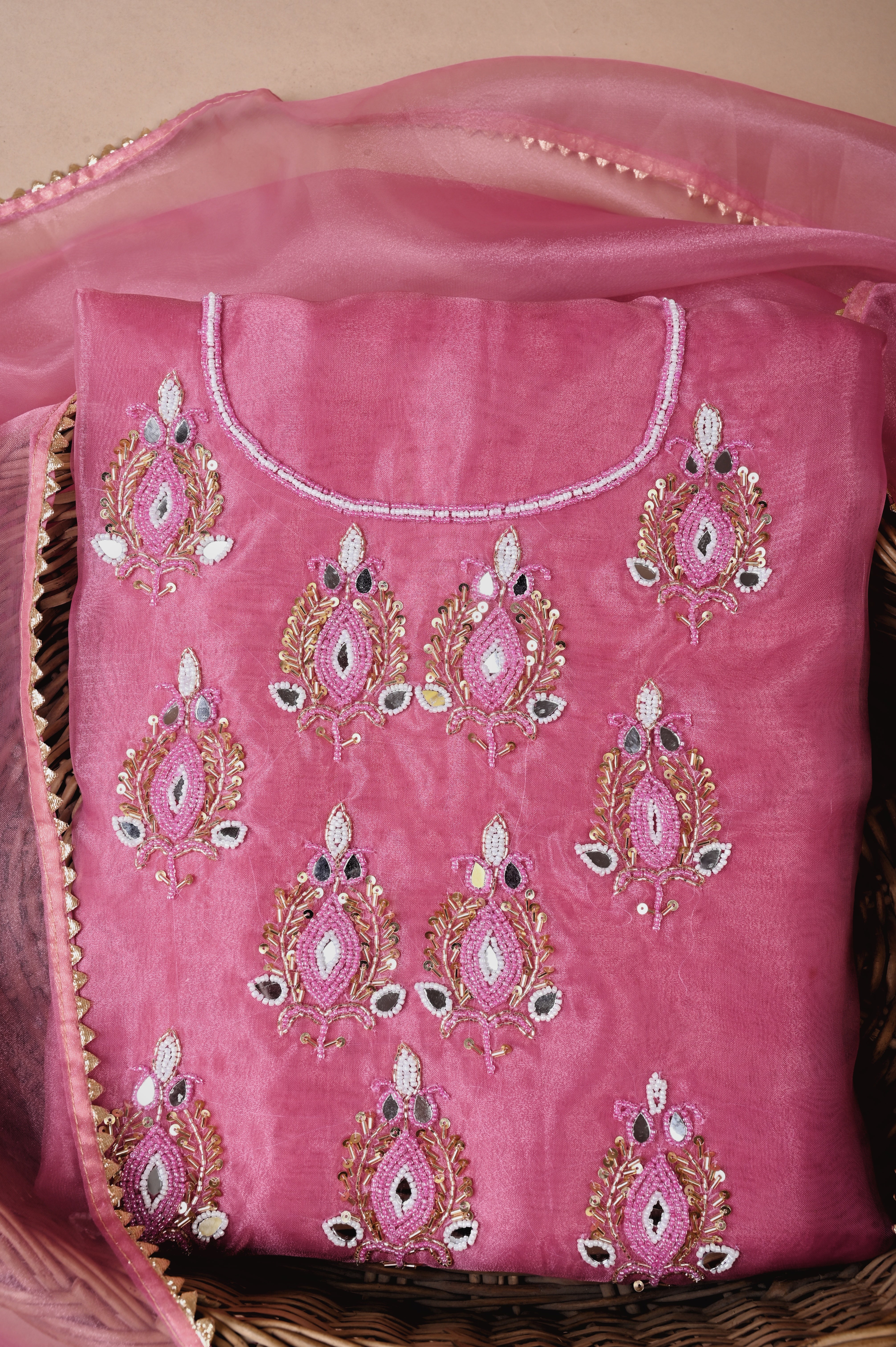 Rouge Pink Royal Radiance Unstitched Suit Set in Organza Tissue Silk