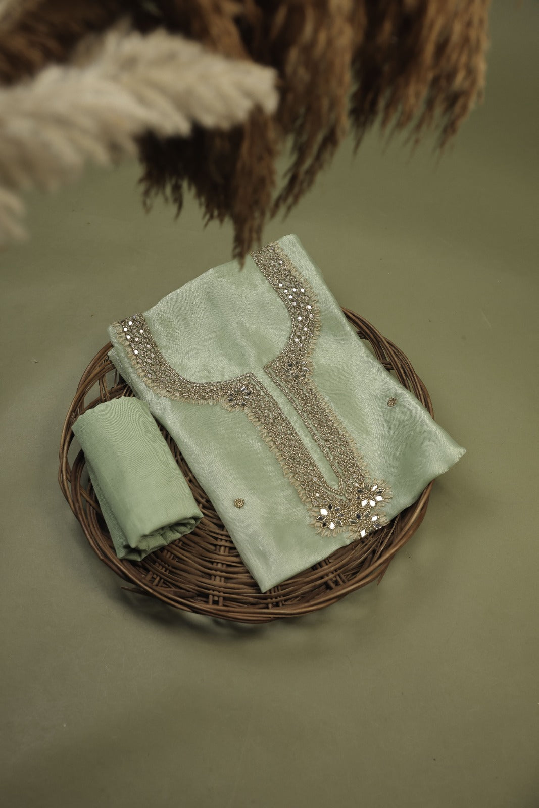 Pista Green Unstitch Suit with Exquisite Mirror Work